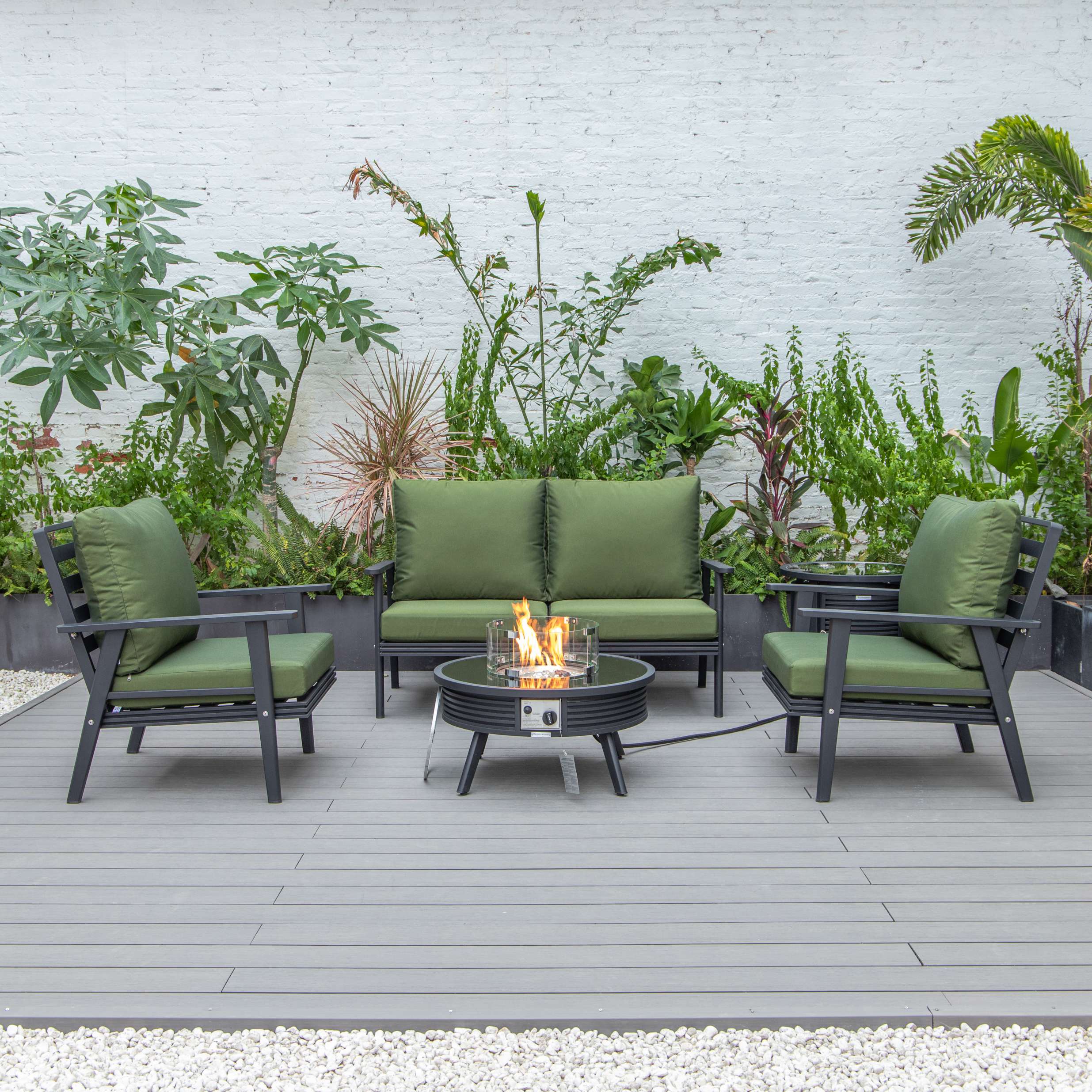 LeisureMod Walbrooke Modern Black Patio Conversation With Round Fire Pit & Tank Holder - Image 45