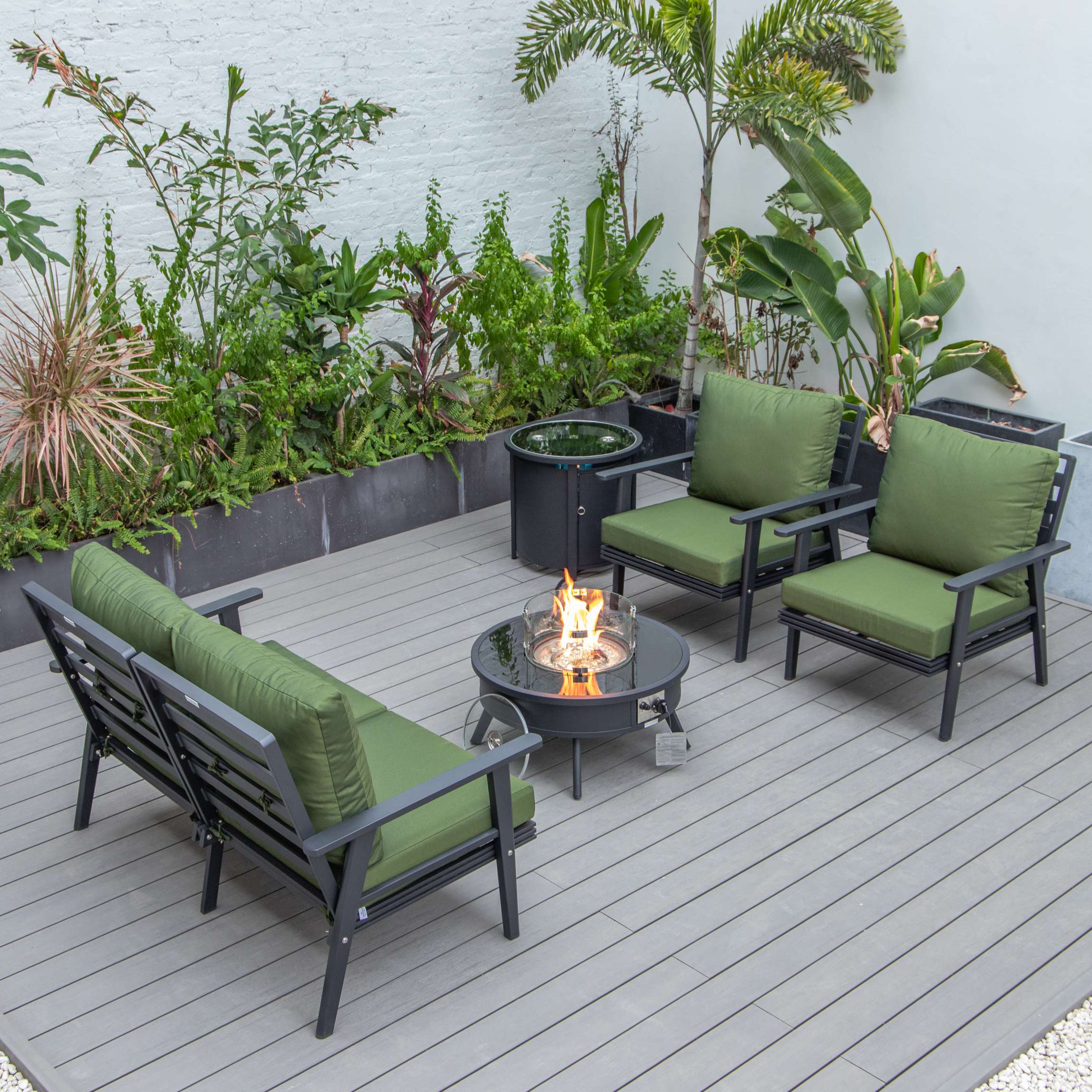 LeisureMod Walbrooke Modern Black Patio Conversation With Round Fire Pit & Tank Holder - Image 47