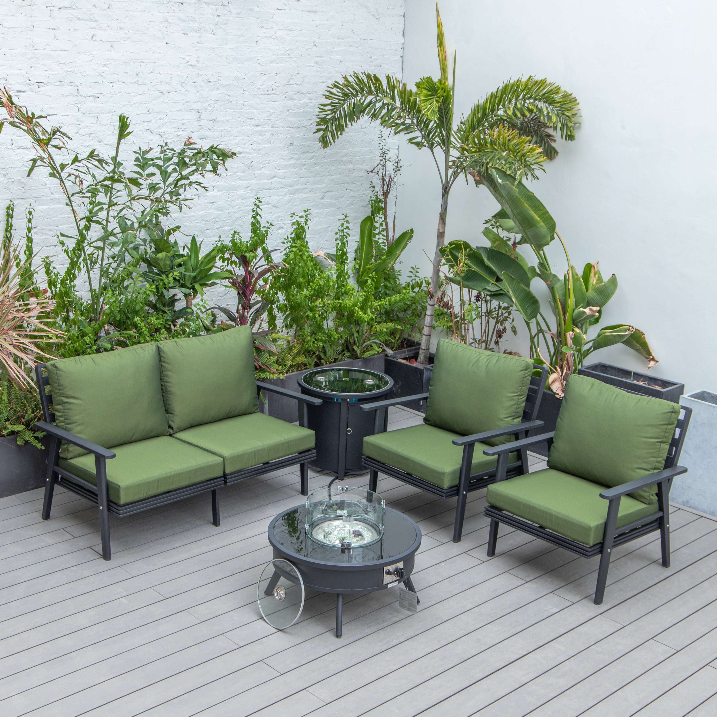 LeisureMod Walbrooke Modern Black Patio Conversation With Round Fire Pit & Tank Holder - Image 48