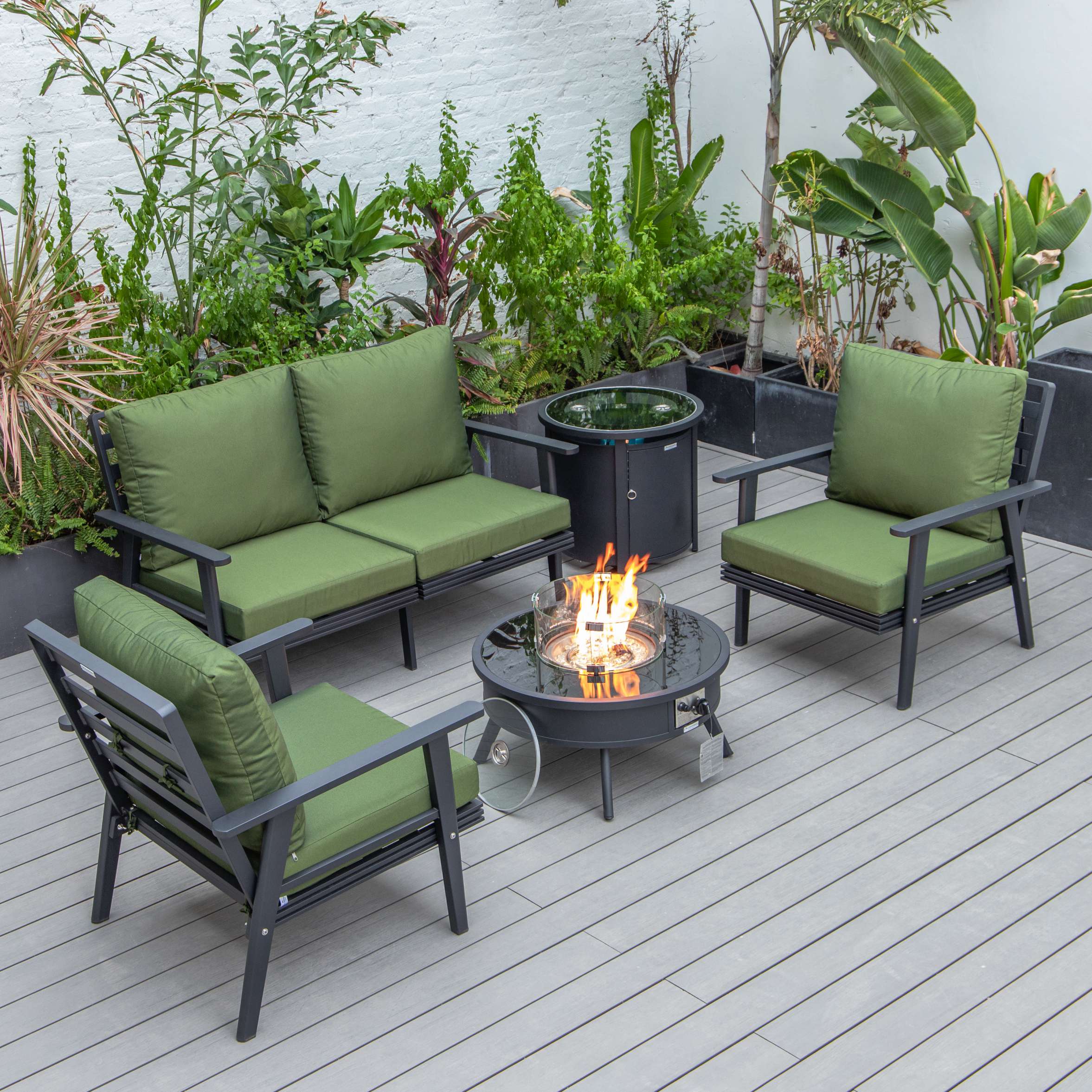 LeisureMod Walbrooke Modern Black Patio Conversation With Round Fire Pit & Tank Holder - Image 49