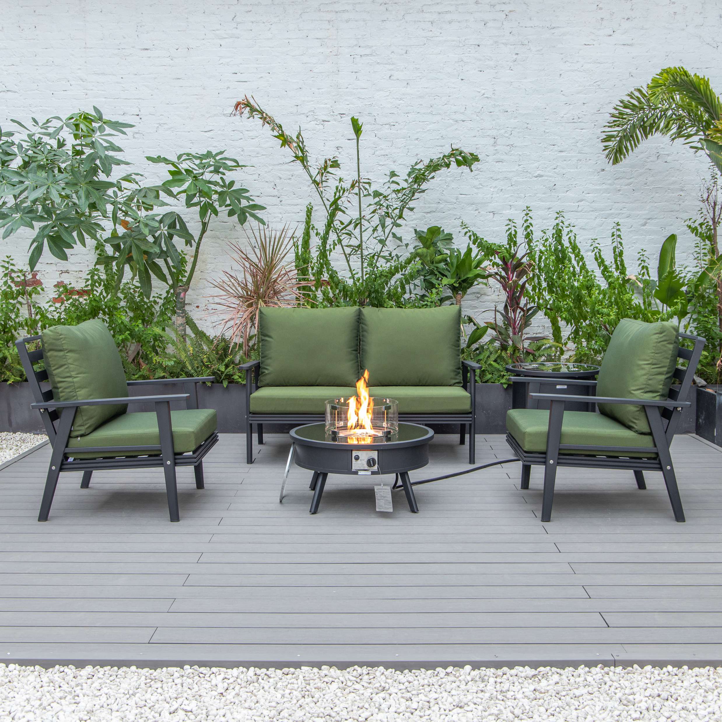 LeisureMod Walbrooke Modern Black Patio Conversation With Round Fire Pit & Tank Holder - Image 50