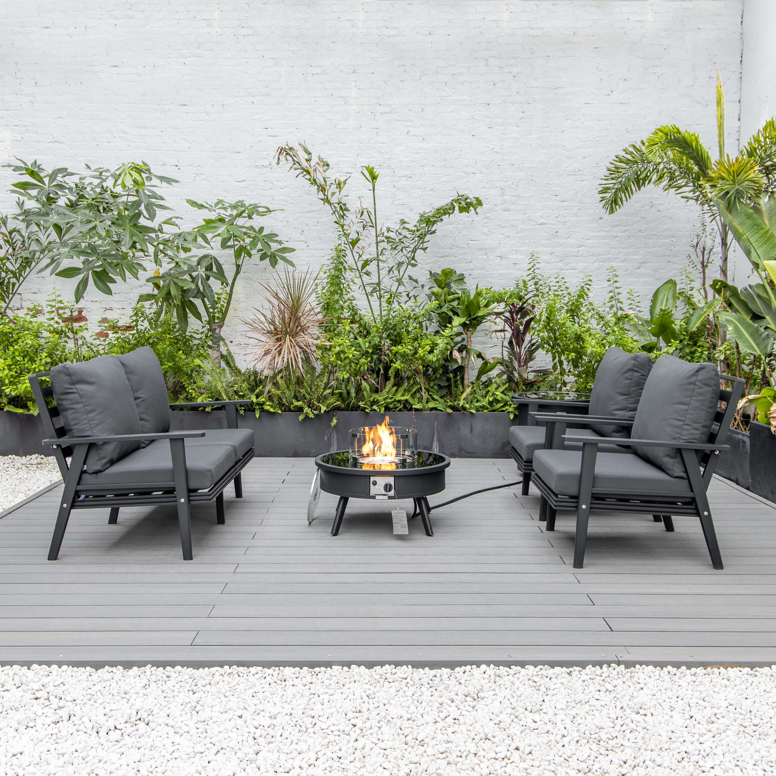 LeisureMod Walbrooke Modern Black Patio Conversation With Round Fire Pit & Tank Holder - Image 52