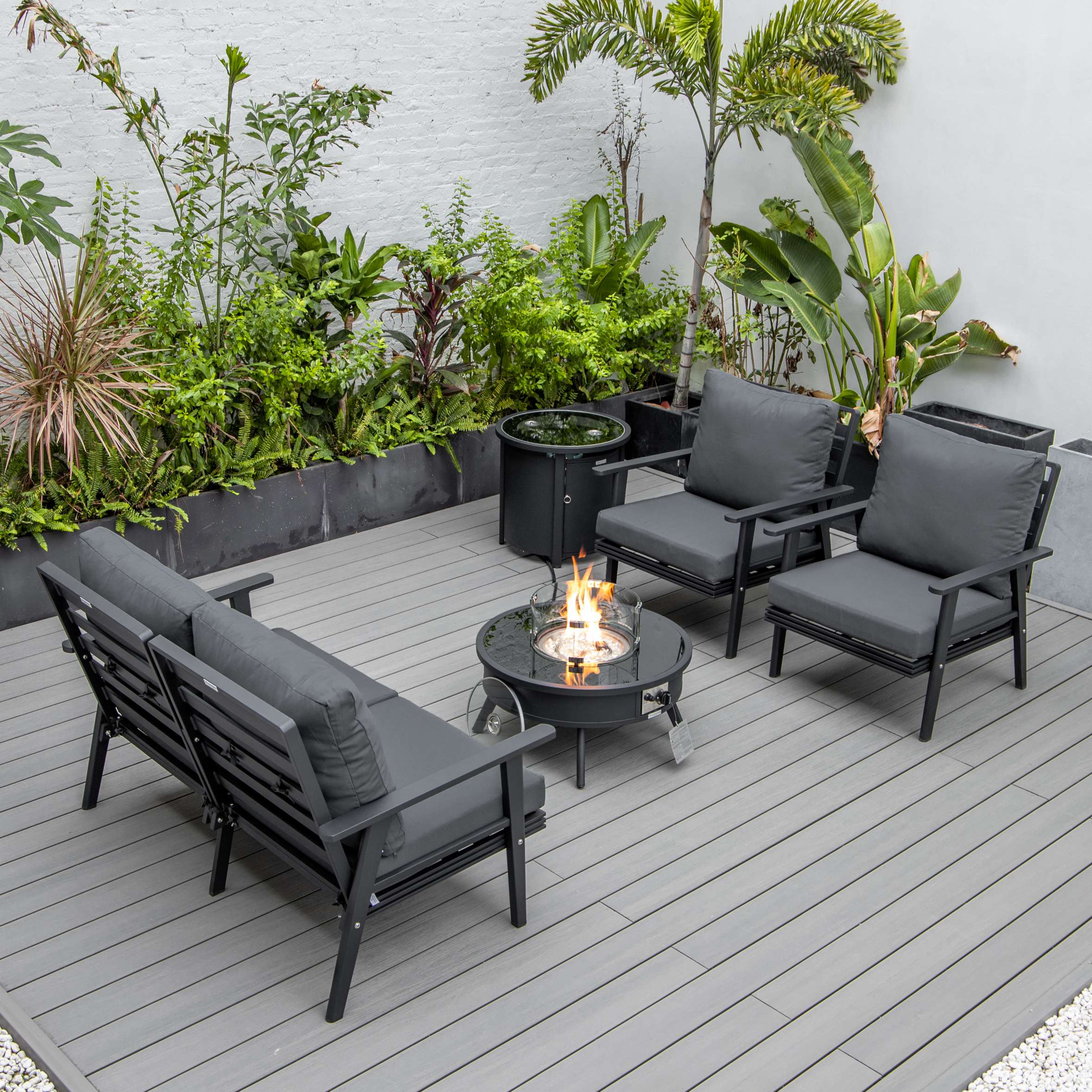 LeisureMod Walbrooke Modern Black Patio Conversation With Round Fire Pit & Tank Holder - Image 53