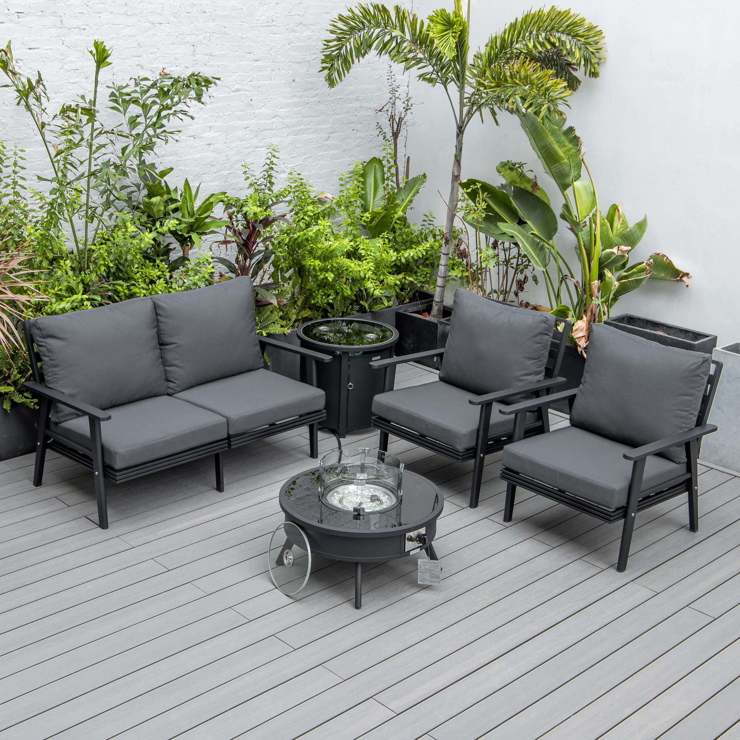 LeisureMod Walbrooke Modern Black Patio Conversation With Round Fire Pit & Tank Holder - Image 54