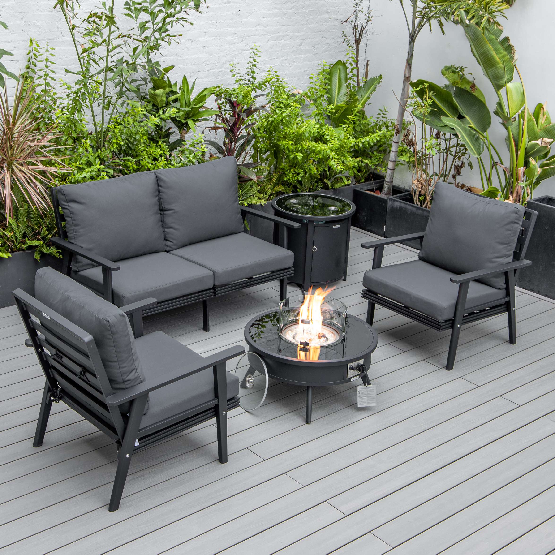 LeisureMod Walbrooke Modern Black Patio Conversation With Round Fire Pit & Tank Holder - Image 55