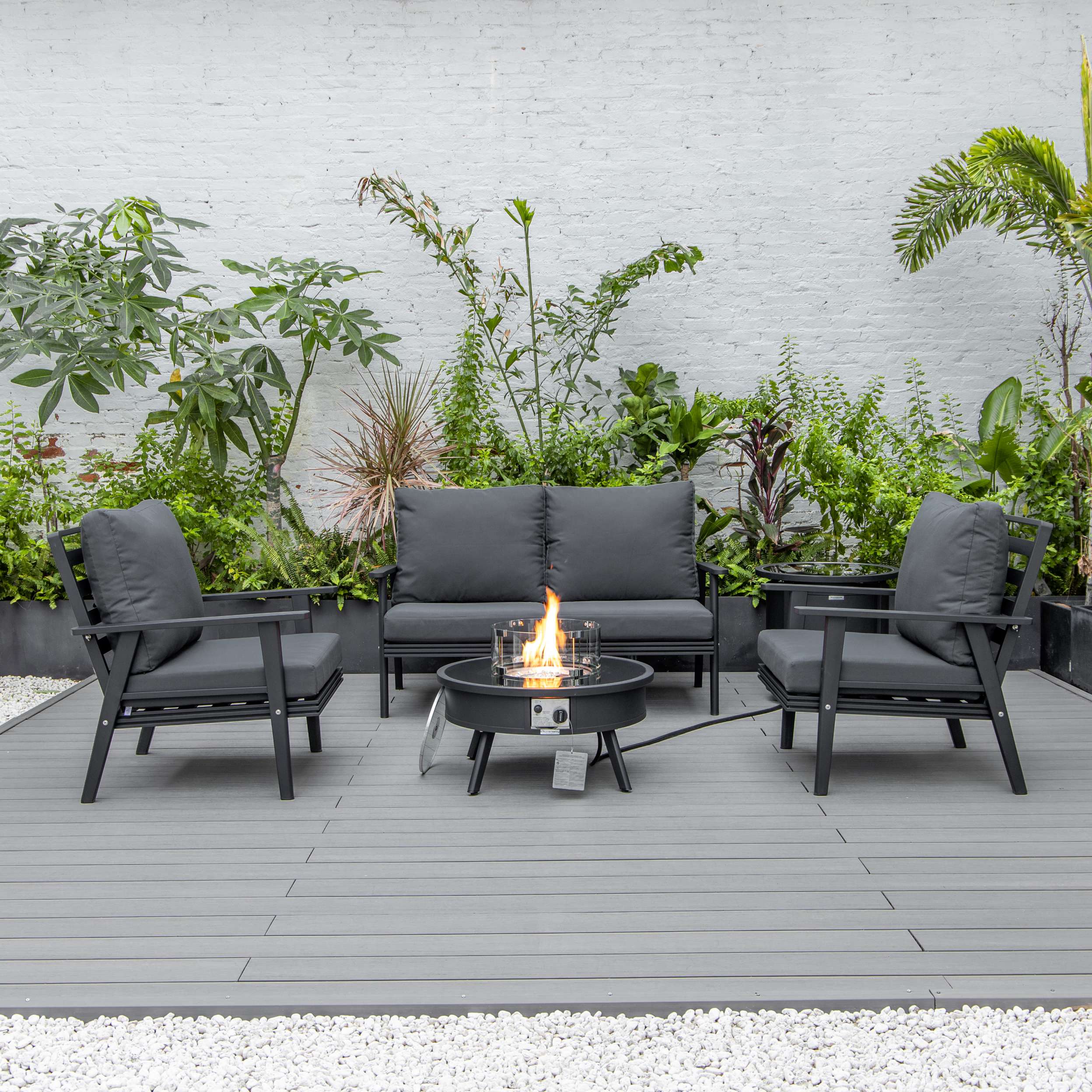 LeisureMod Walbrooke Modern Black Patio Conversation With Round Fire Pit & Tank Holder - Image 56