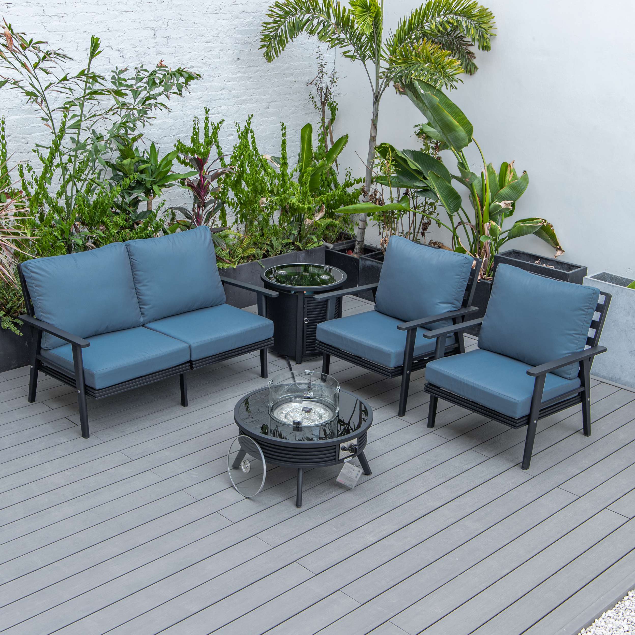 LeisureMod Walbrooke Modern Black Patio Conversation With Round Fire Pit & Tank Holder - Image 9
