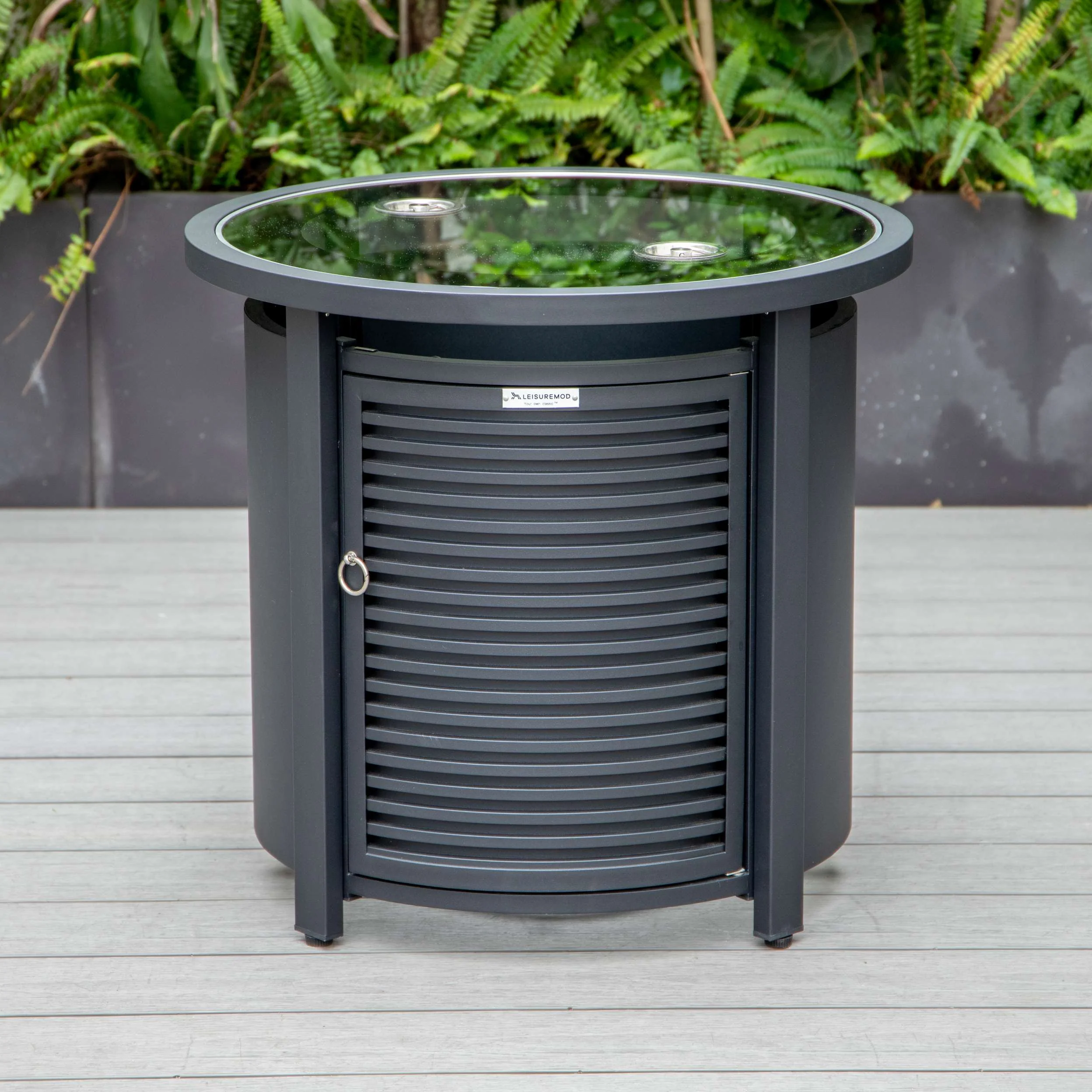LeisureMod Walbrooke Modern Black Patio Conversation With Round Fire Pit & Tank Holder - Image 96