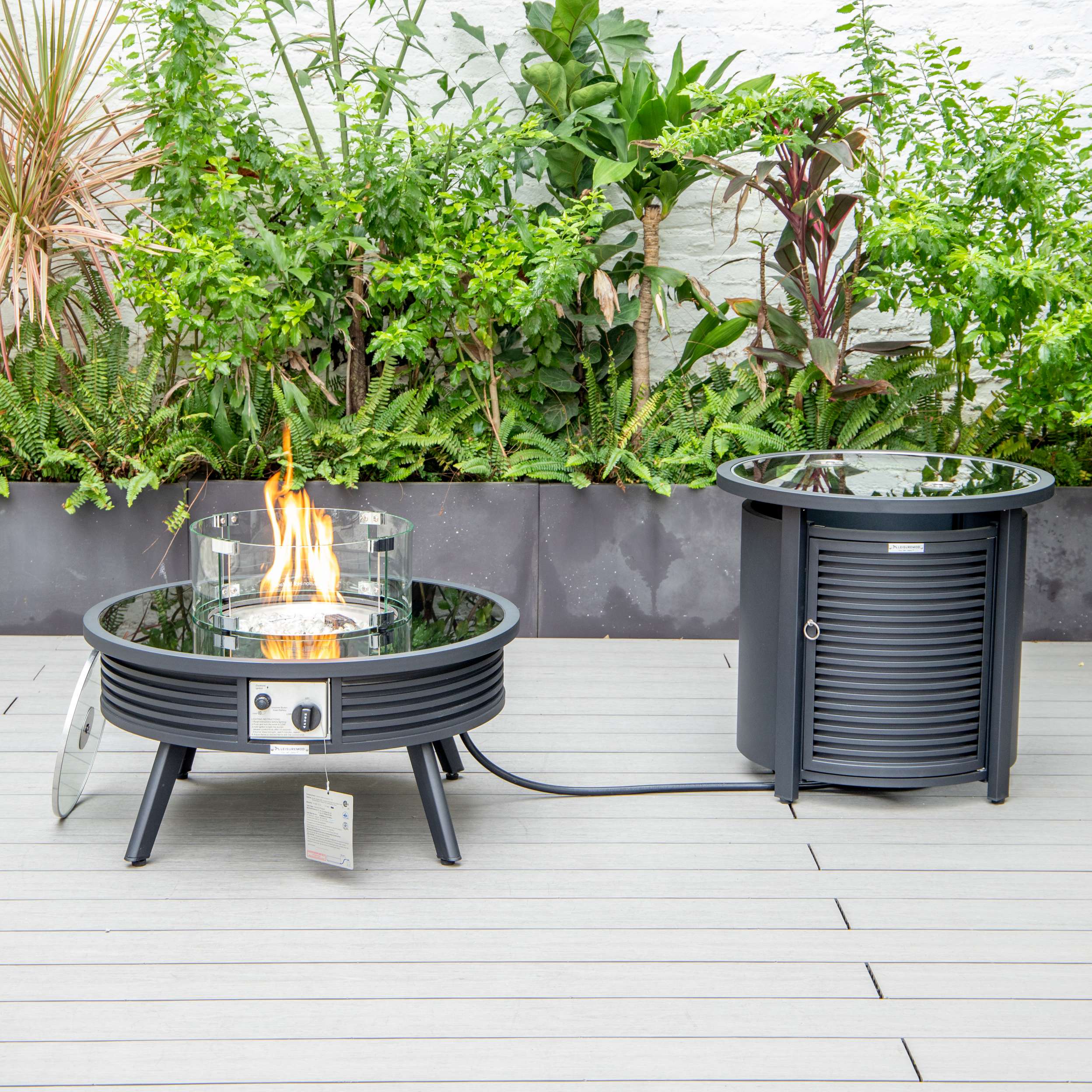 LeisureMod Walbrooke Modern Black Patio Conversation With Round Fire Pit & Tank Holder - Image 98