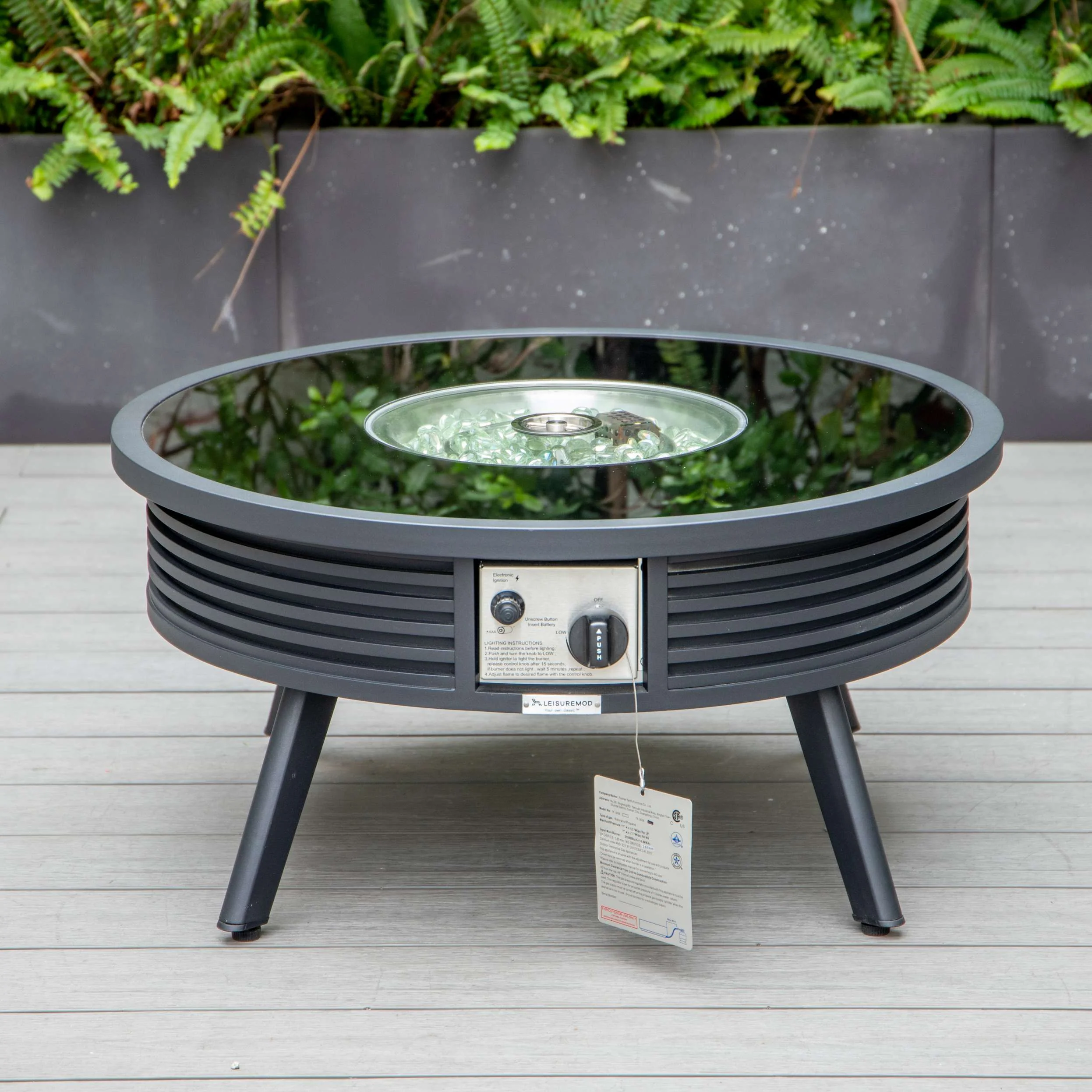LeisureMod Walbrooke Modern Black Patio Conversation With Round Fire Pit With Slats Design & Tank Holder - Image 17