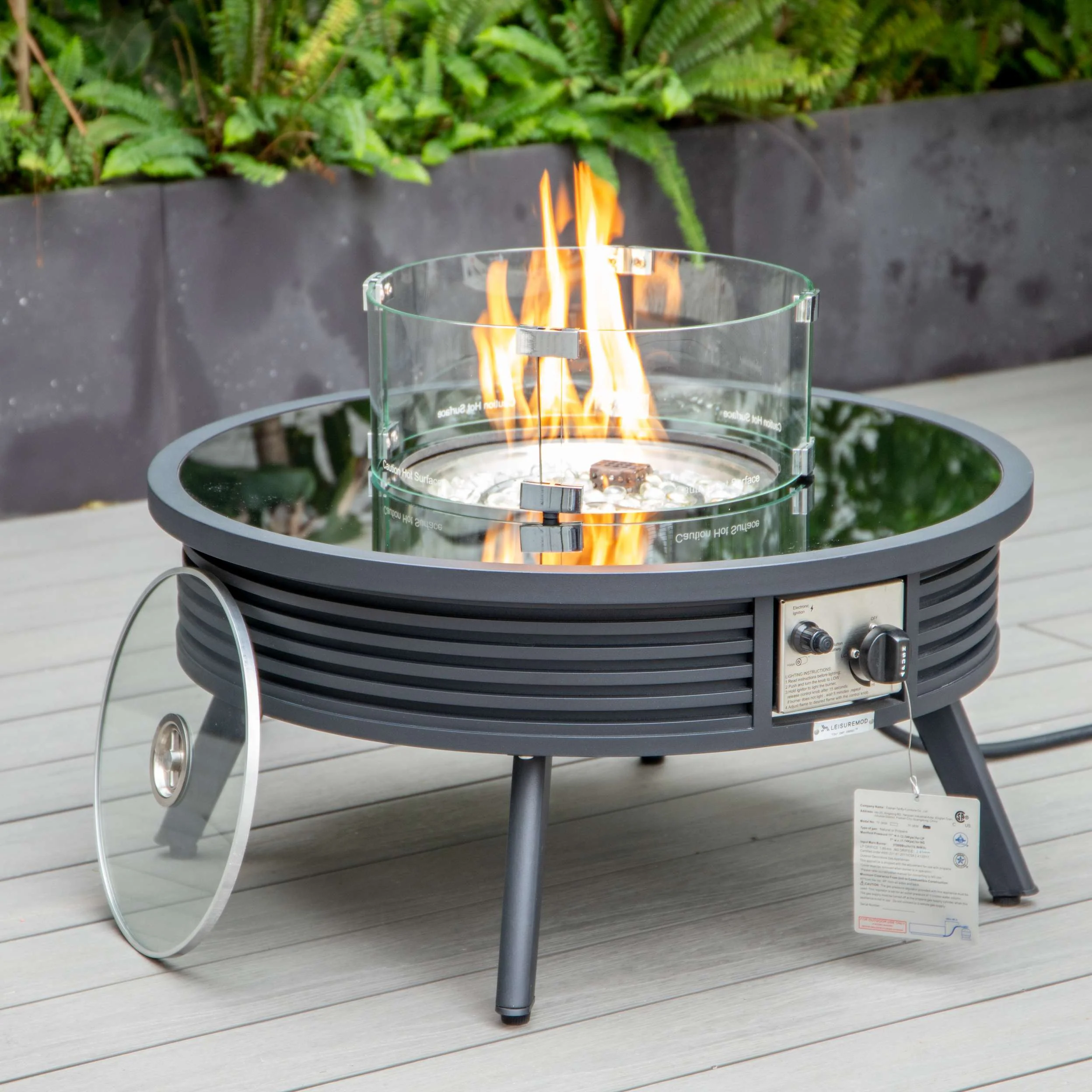 LeisureMod Walbrooke Modern Black Patio Conversation With Round Fire Pit With Slats Design & Tank Holder - Image 19