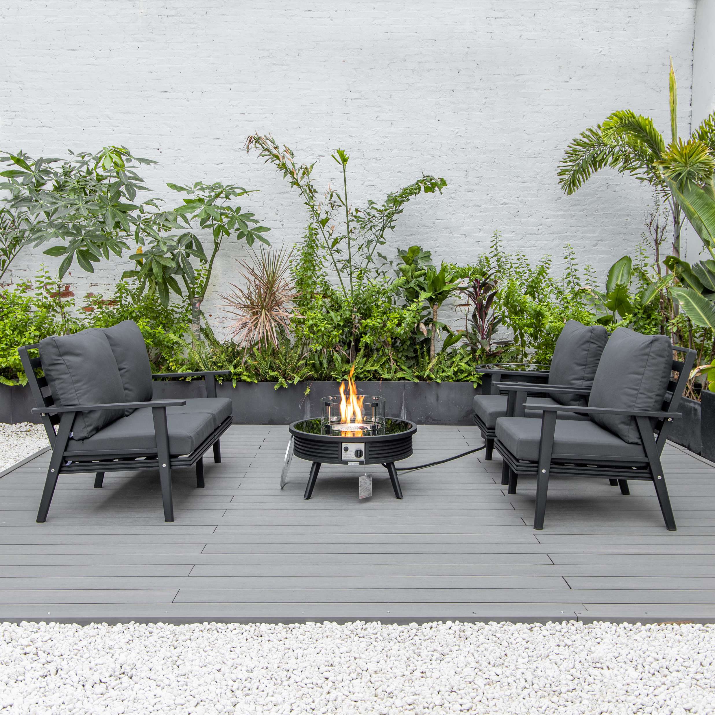 LeisureMod Walbrooke Modern Black Patio Conversation With Round Fire Pit With Slats Design & Tank Holder - Image 2