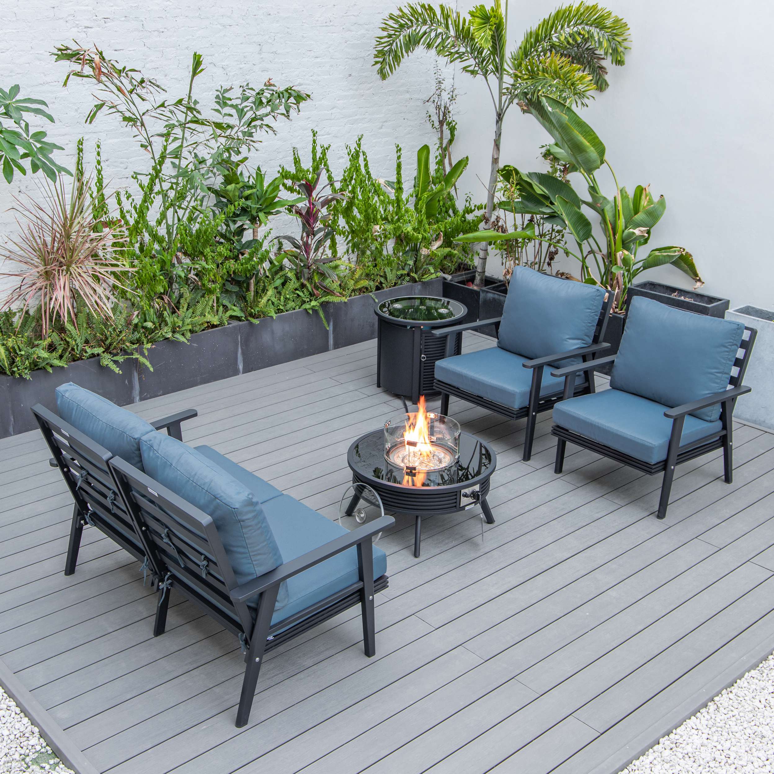 LeisureMod Walbrooke Modern Black Patio Conversation With Round Fire Pit With Slats Design & Tank Holder - Image 21