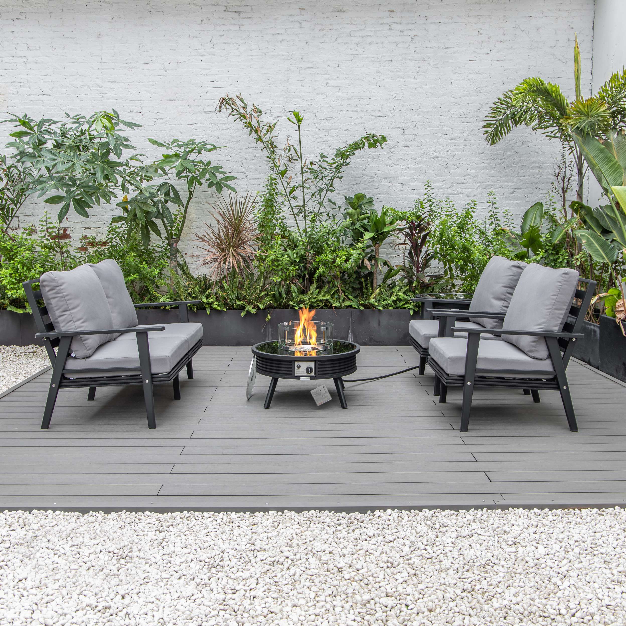 LeisureMod Walbrooke Modern Black Patio Conversation With Round Fire Pit With Slats Design & Tank Holder - Image 25