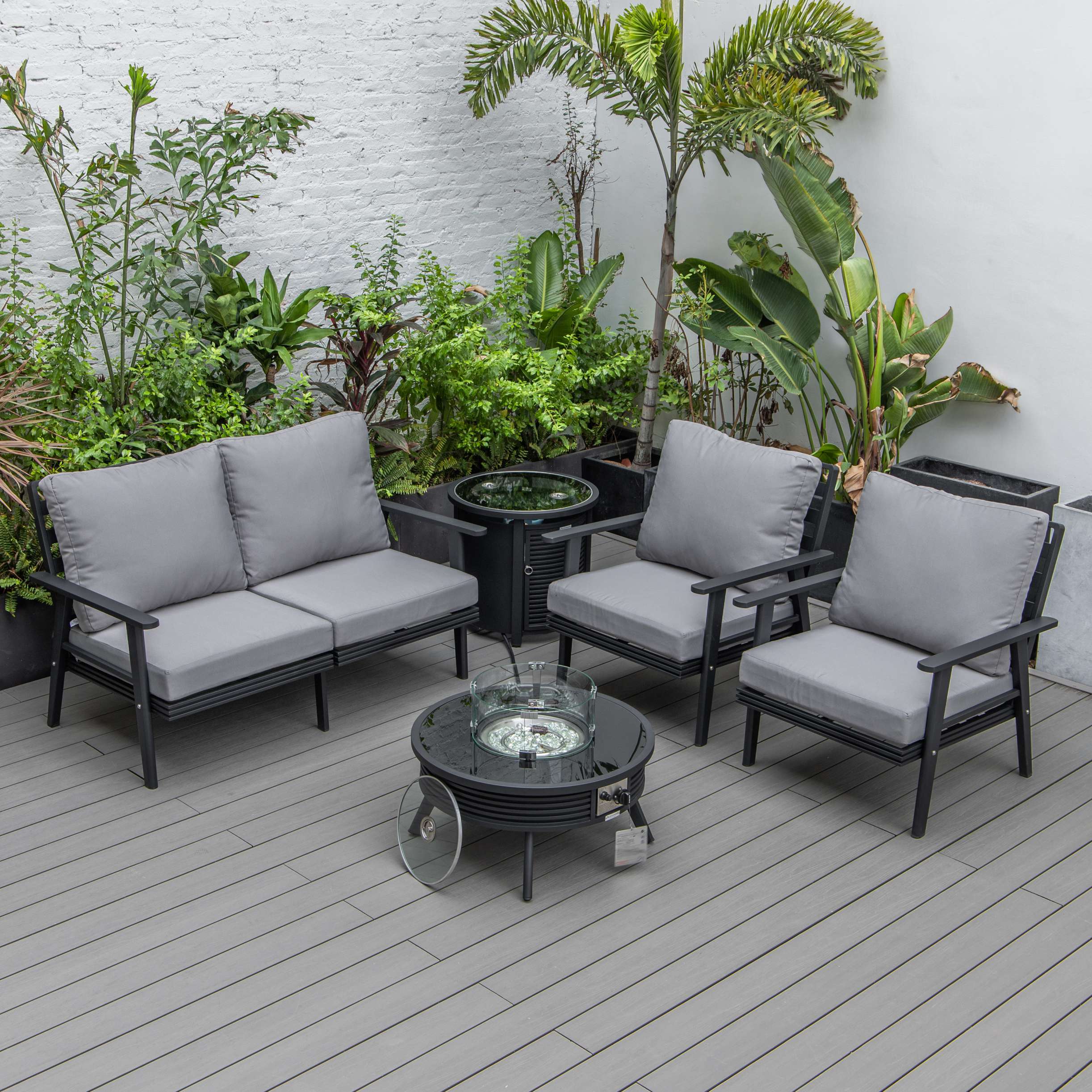 LeisureMod Walbrooke Modern Black Patio Conversation With Round Fire Pit With Slats Design & Tank Holder - Image 27