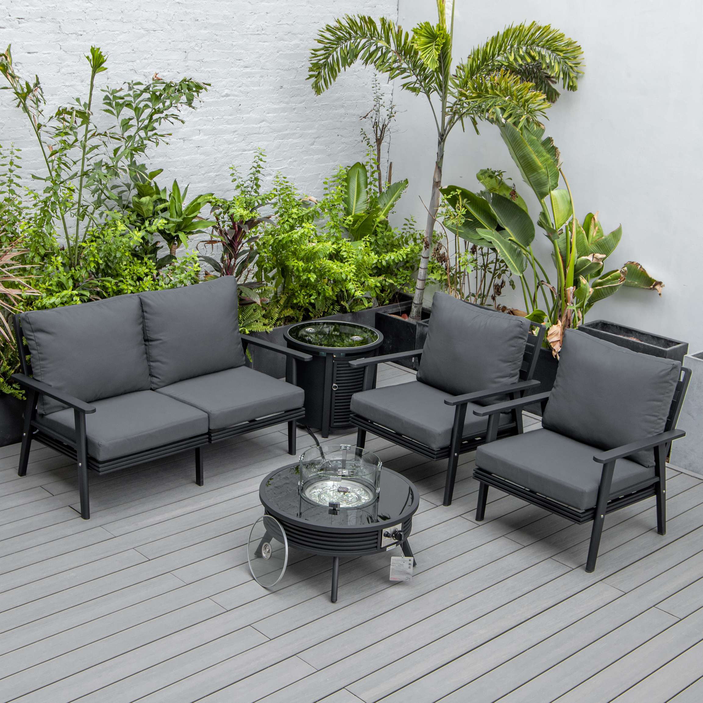 LeisureMod Walbrooke Modern Black Patio Conversation With Round Fire Pit With Slats Design & Tank Holder - Image 3