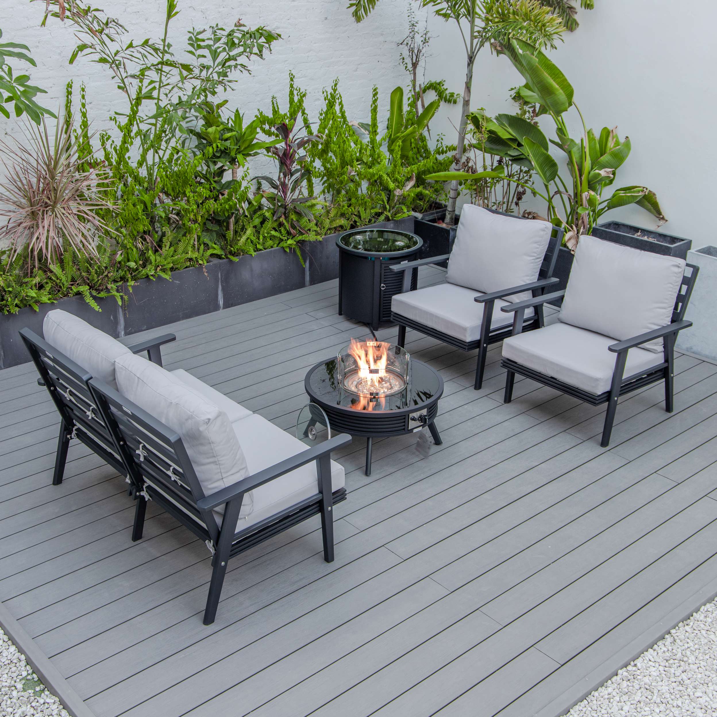 LeisureMod Walbrooke Modern Black Patio Conversation With Round Fire Pit With Slats Design & Tank Holder - Image 30
