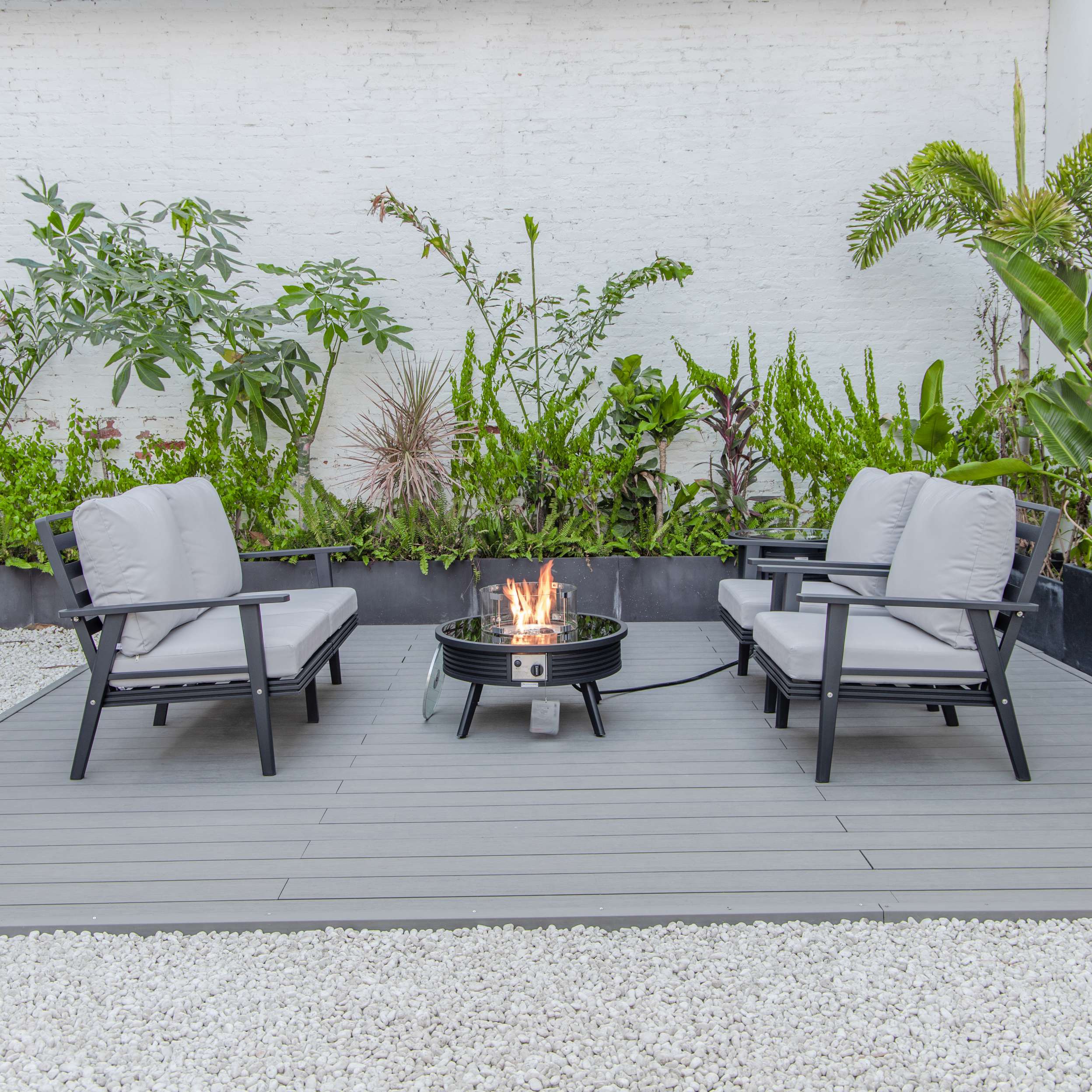 LeisureMod Walbrooke Modern Black Patio Conversation With Round Fire Pit With Slats Design & Tank Holder - Image 31
