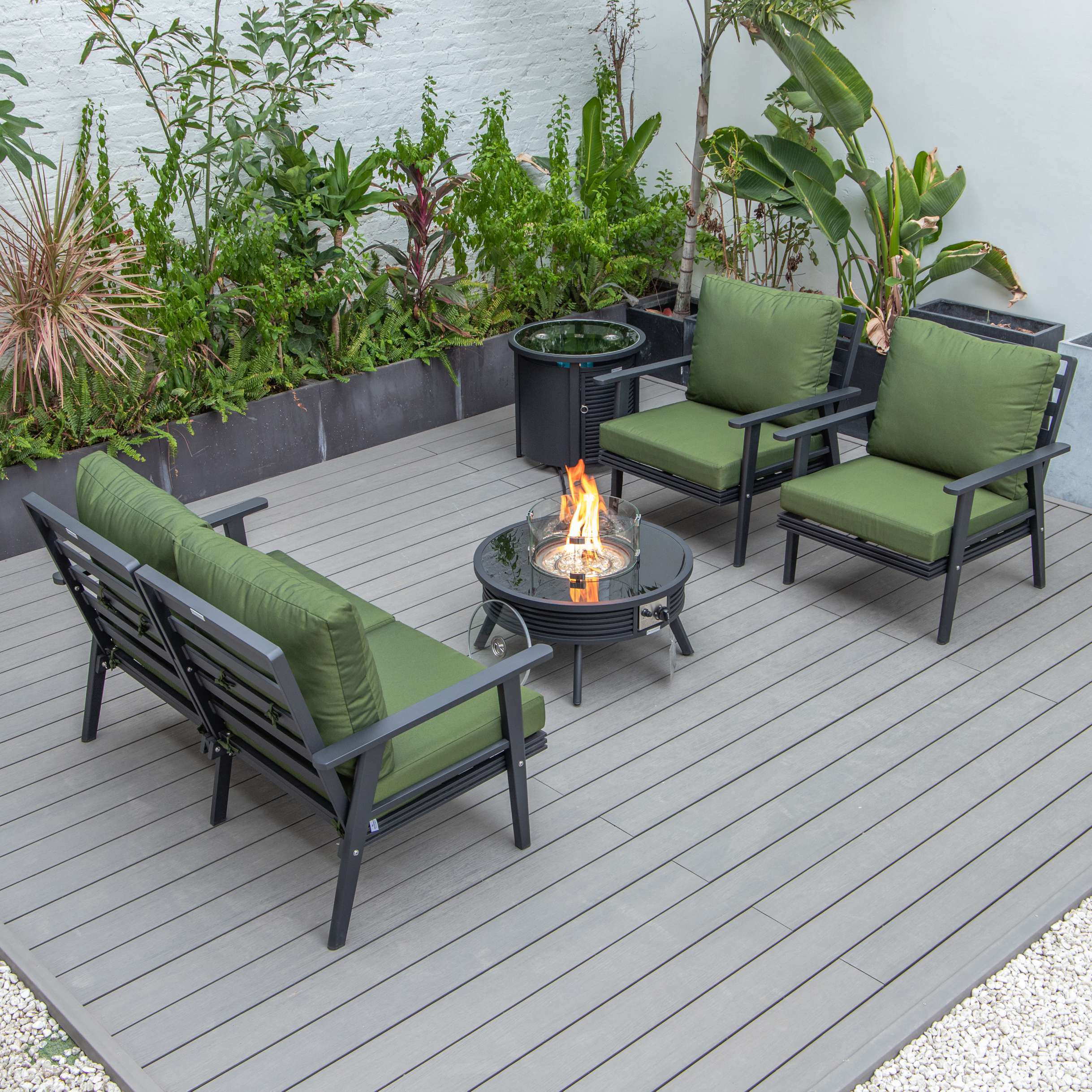 LeisureMod Walbrooke Modern Black Patio Conversation With Round Fire Pit With Slats Design & Tank Holder - Image 35
