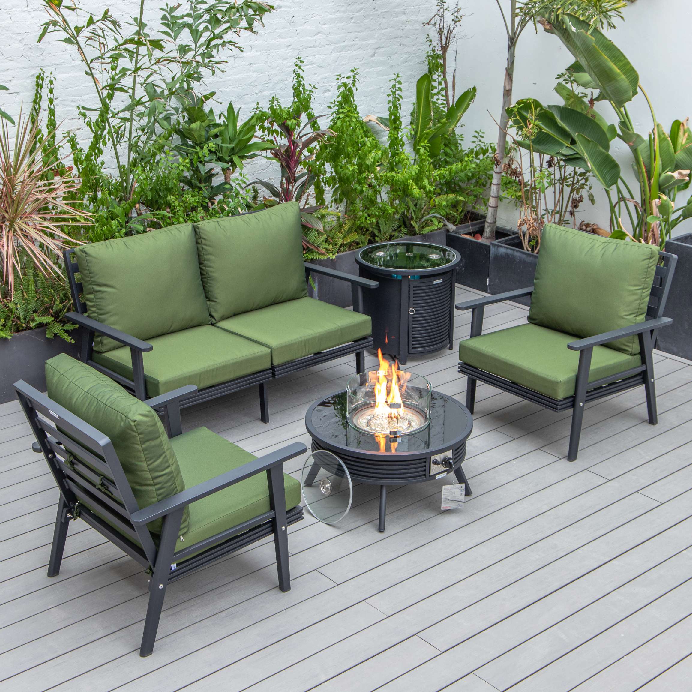LeisureMod Walbrooke Modern Black Patio Conversation With Round Fire Pit With Slats Design & Tank Holder - Image 38