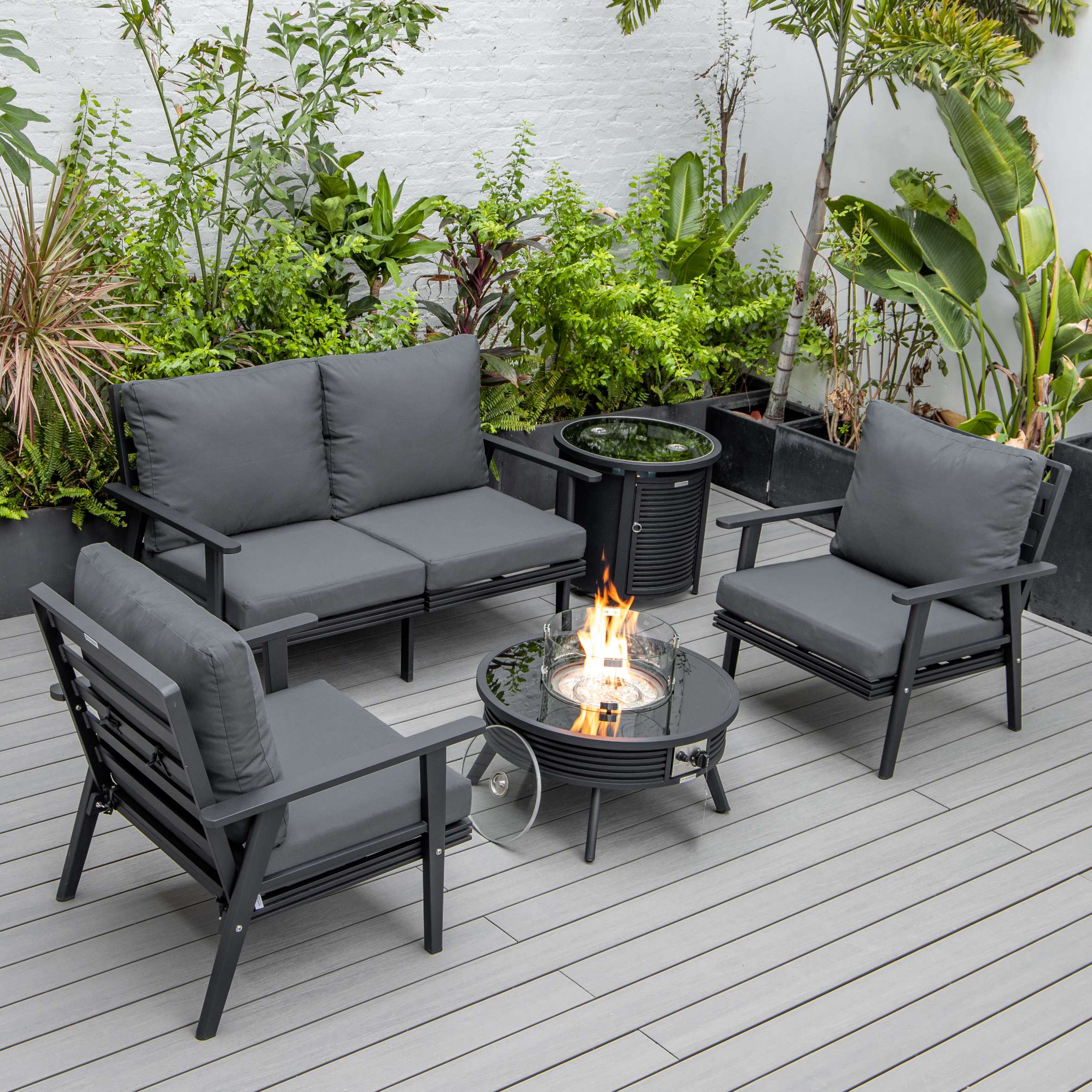 LeisureMod Walbrooke Modern Black Patio Conversation With Round Fire Pit With Slats Design & Tank Holder - Image 4