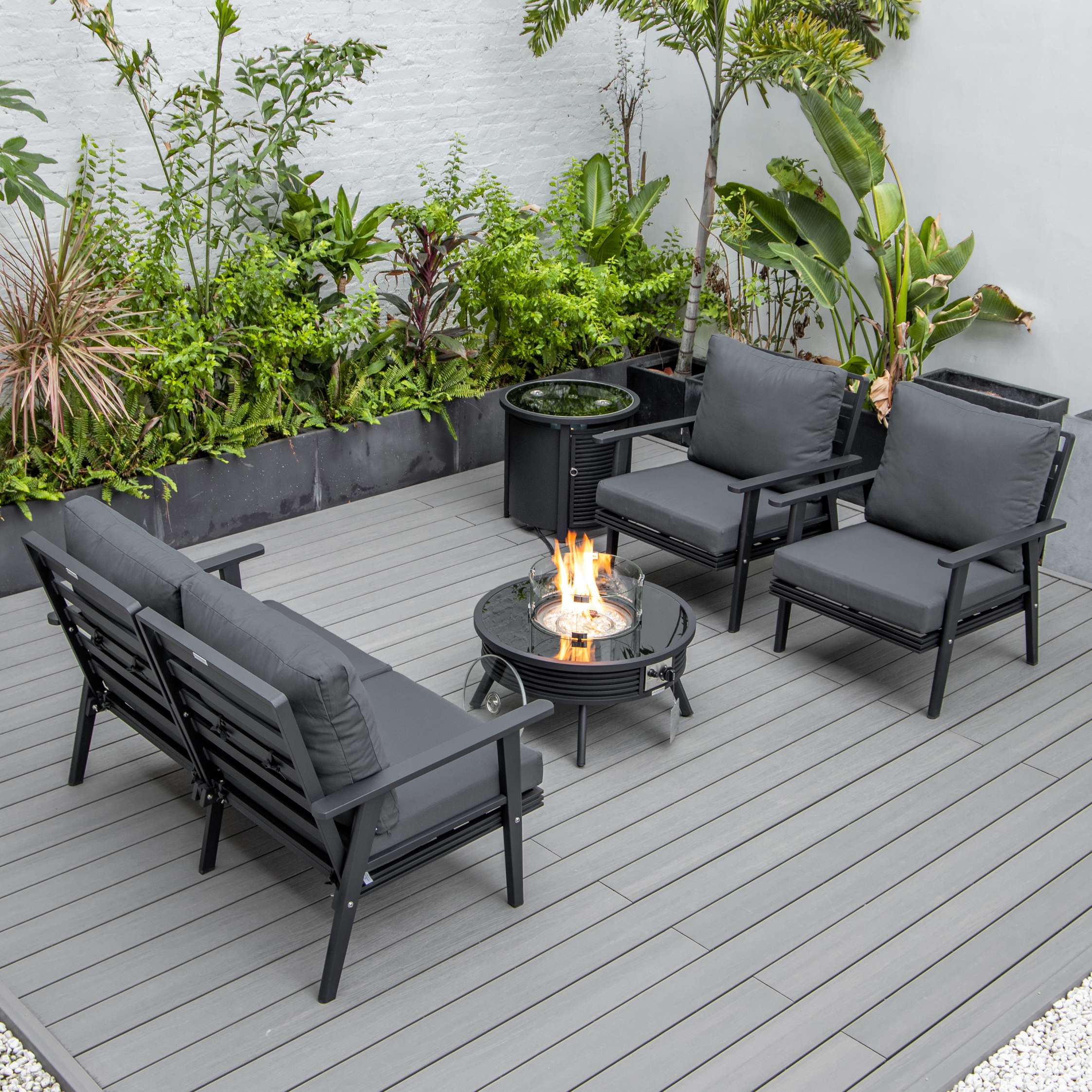 LeisureMod Walbrooke Modern Black Patio Conversation With Round Fire Pit With Slats Design & Tank Holder - Image 40