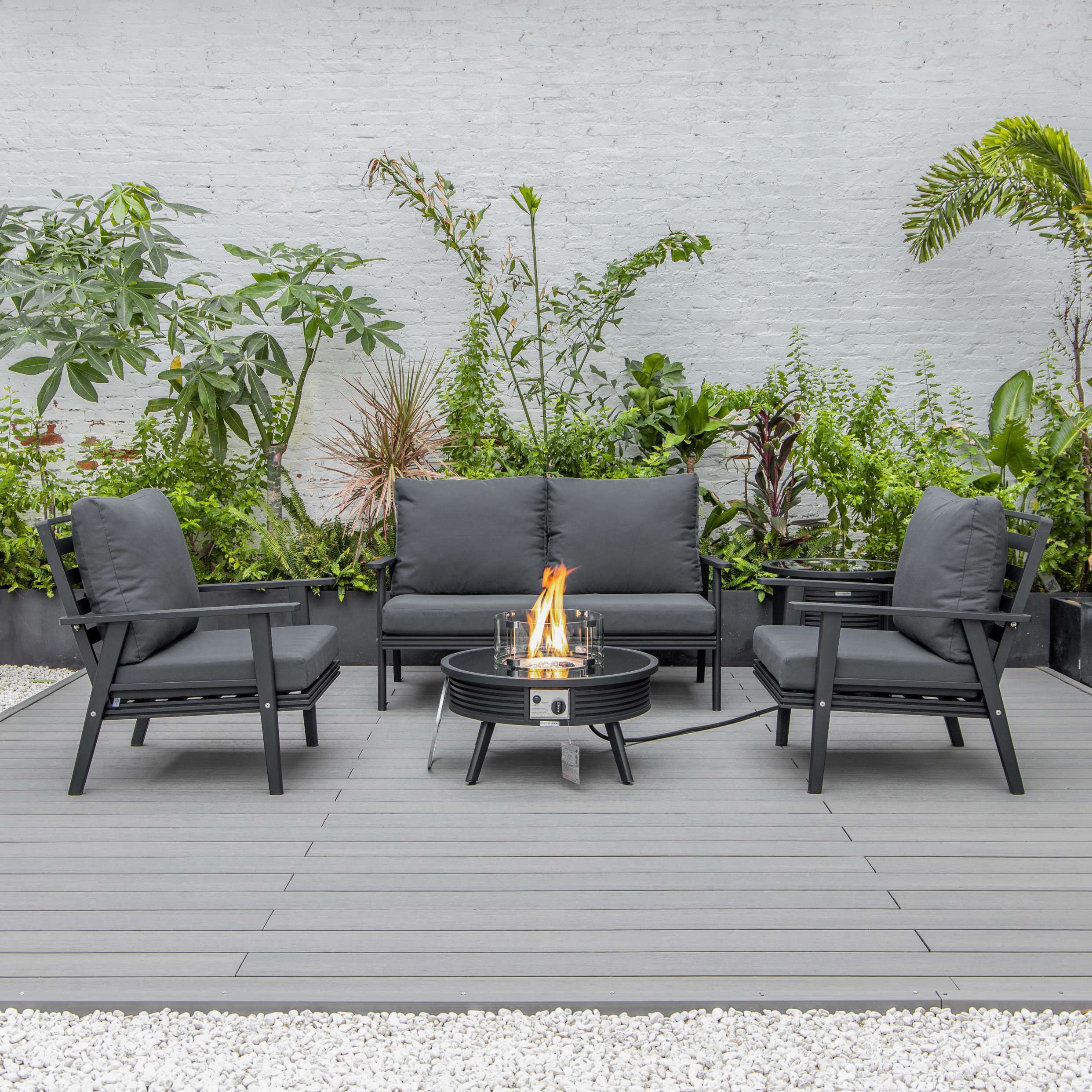 LeisureMod Walbrooke Modern Black Patio Conversation With Round Fire Pit With Slats Design & Tank Holder - Image 5
