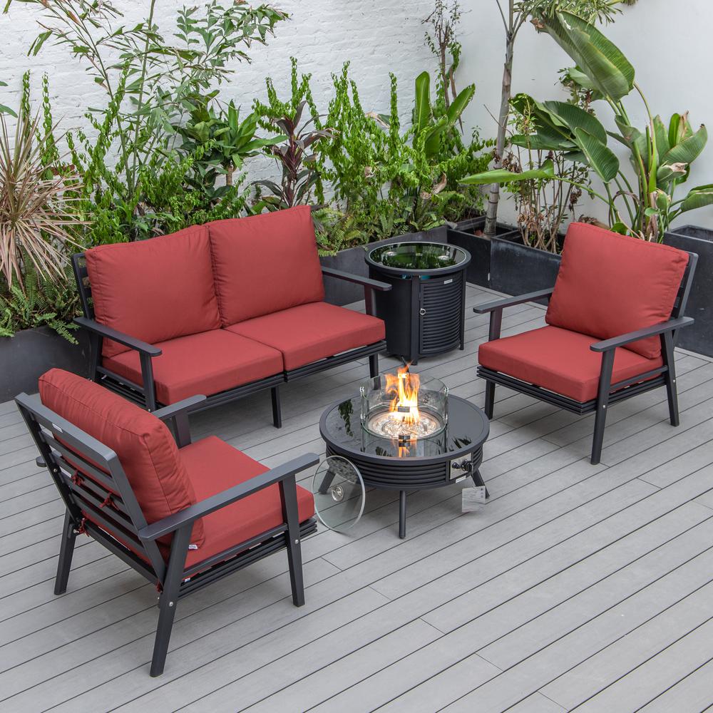 LeisureMod Walbrooke Modern Black Patio Conversation With Round Fire Pit With Slats Design & Tank Holder - Image 54
