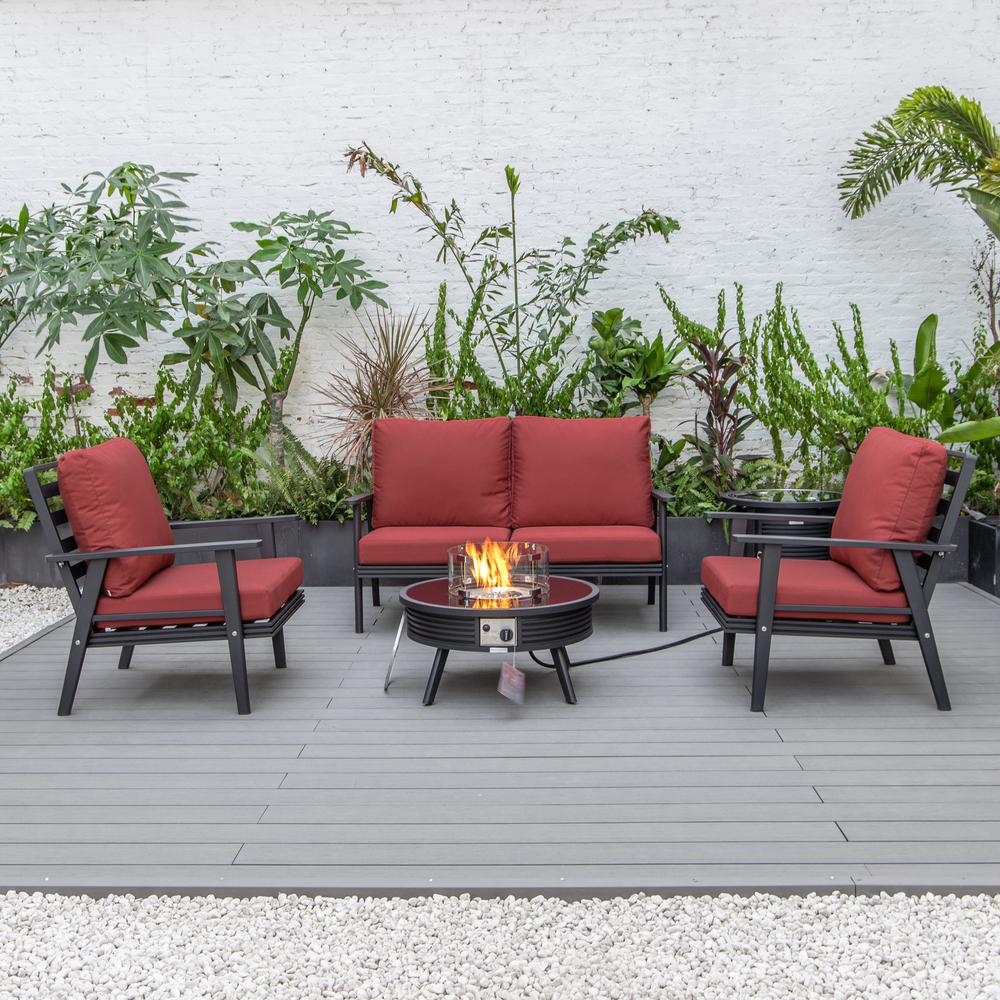 LeisureMod Walbrooke Modern Black Patio Conversation With Round Fire Pit With Slats Design & Tank Holder - Image 55