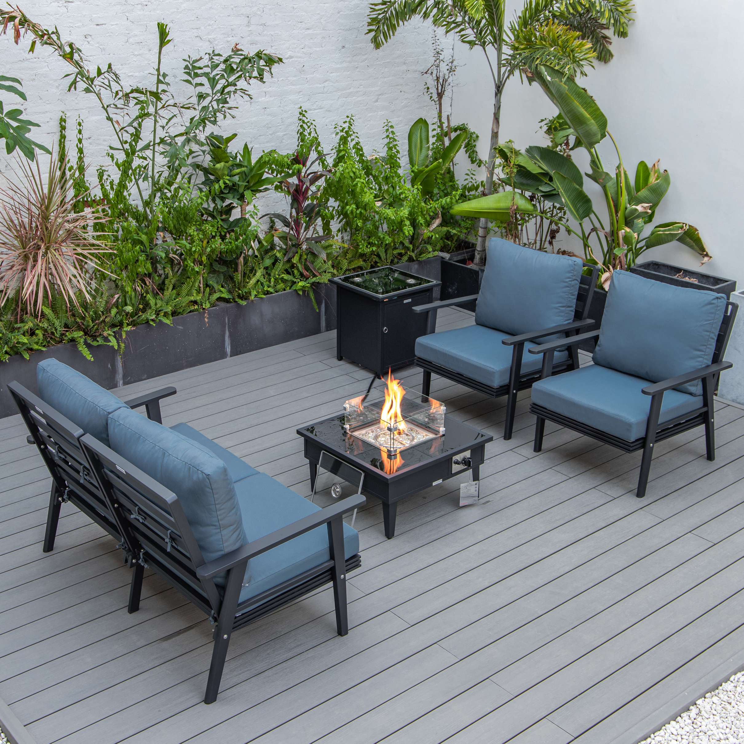 LeisureMod Walbrooke Modern Black Patio Conversation With Square Fire Pit & Tank Holder - Image 14