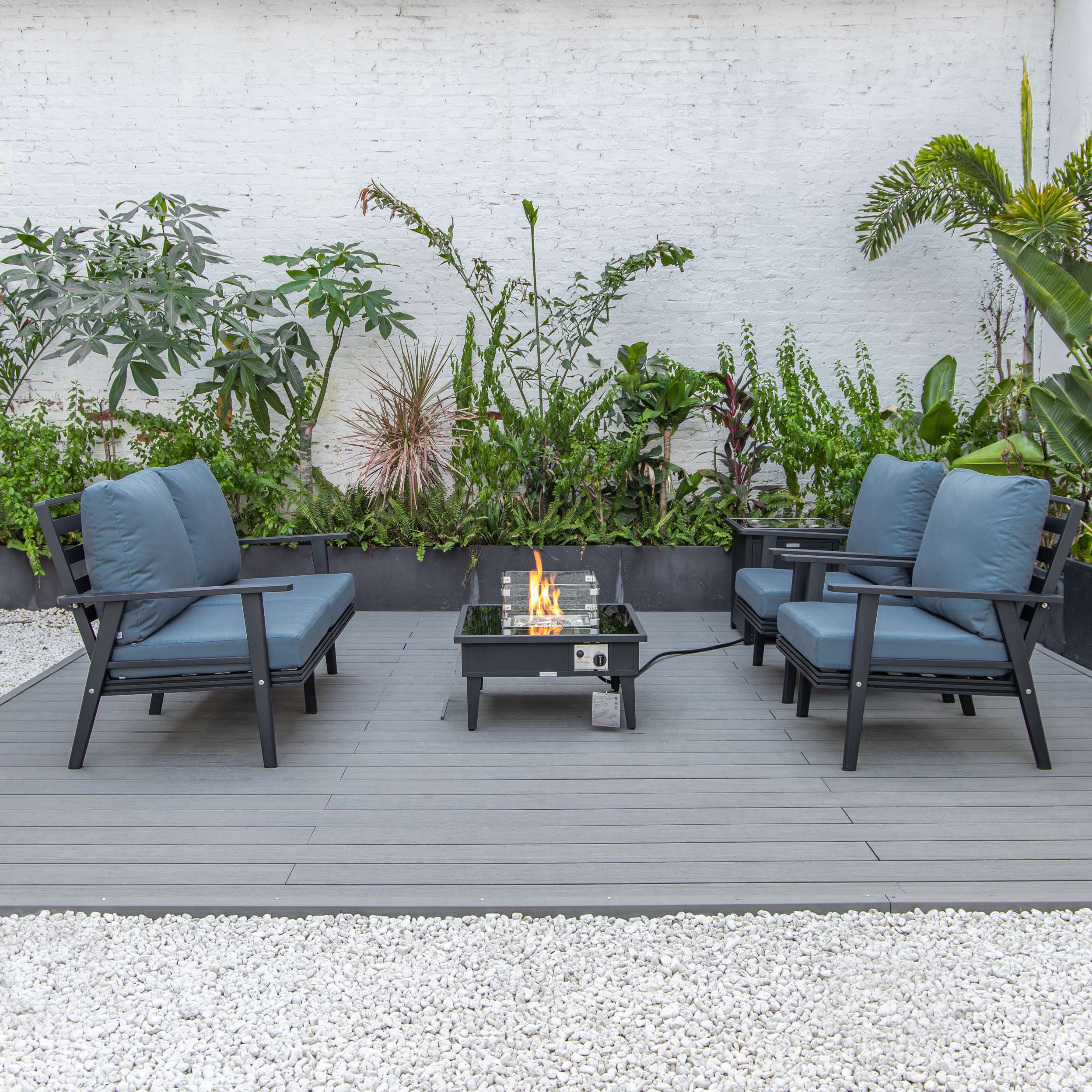 LeisureMod Walbrooke Modern Black Patio Conversation With Square Fire Pit & Tank Holder - Image 15
