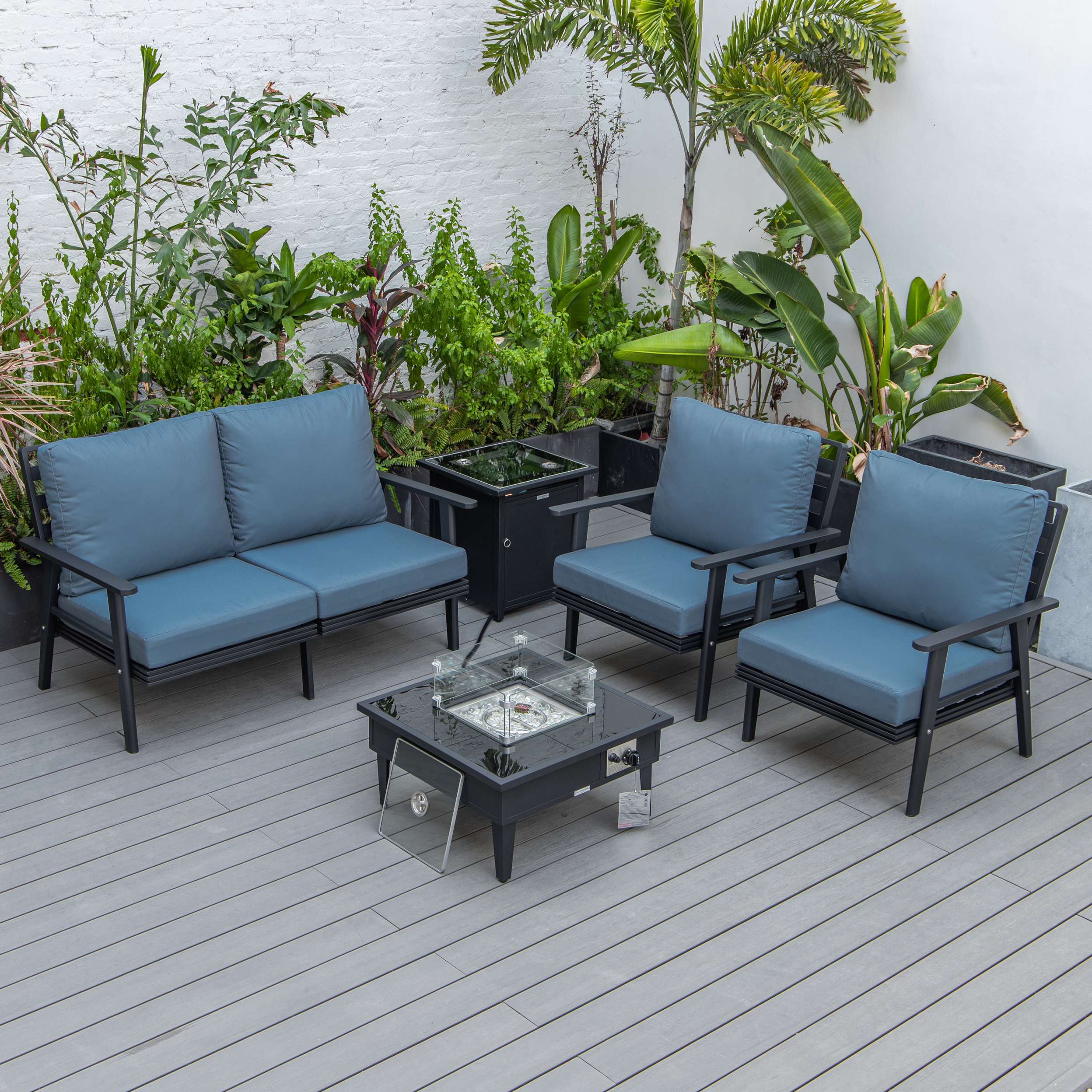 LeisureMod Walbrooke Modern Black Patio Conversation With Square Fire Pit & Tank Holder - Image 16