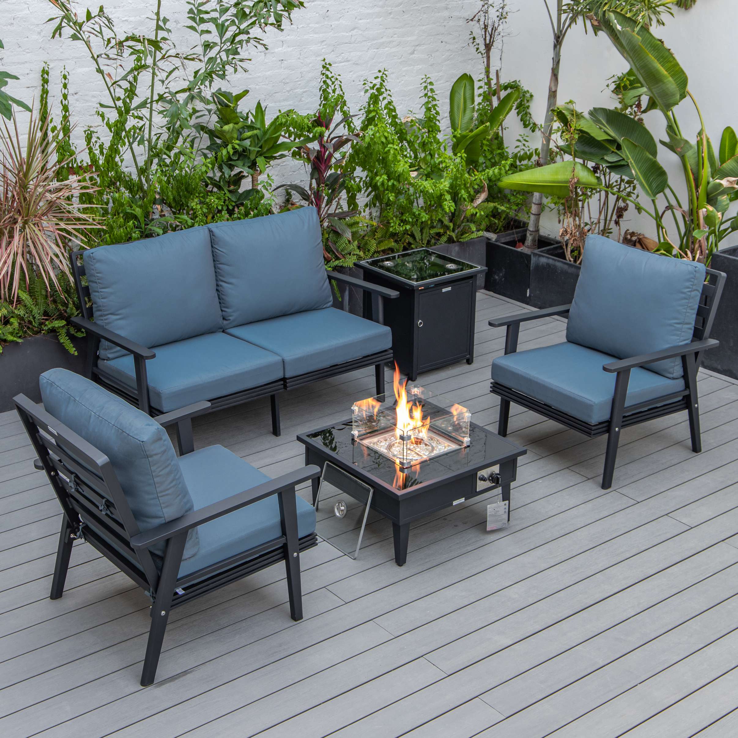 LeisureMod Walbrooke Modern Black Patio Conversation With Square Fire Pit & Tank Holder - Image 17