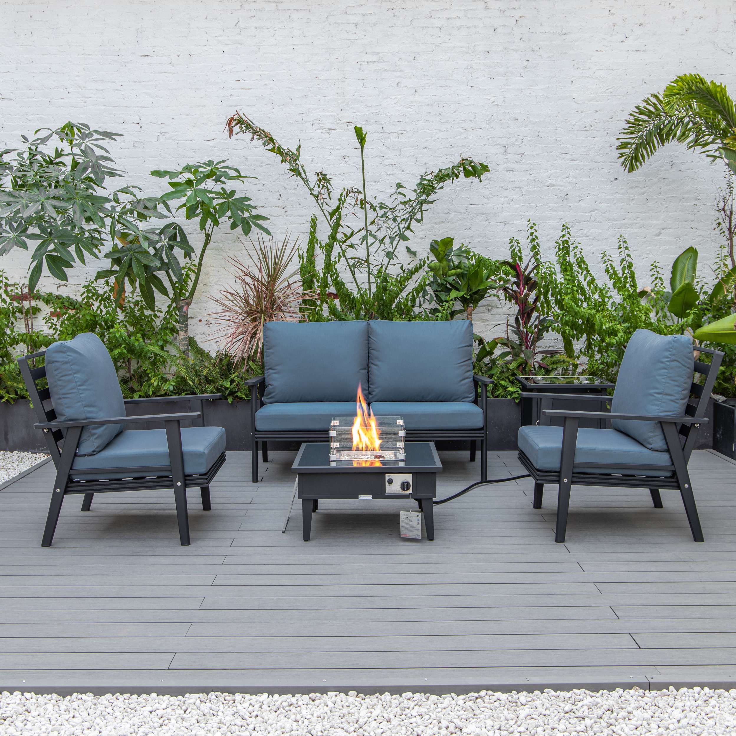 LeisureMod Walbrooke Modern Black Patio Conversation With Square Fire Pit & Tank Holder - Image 18