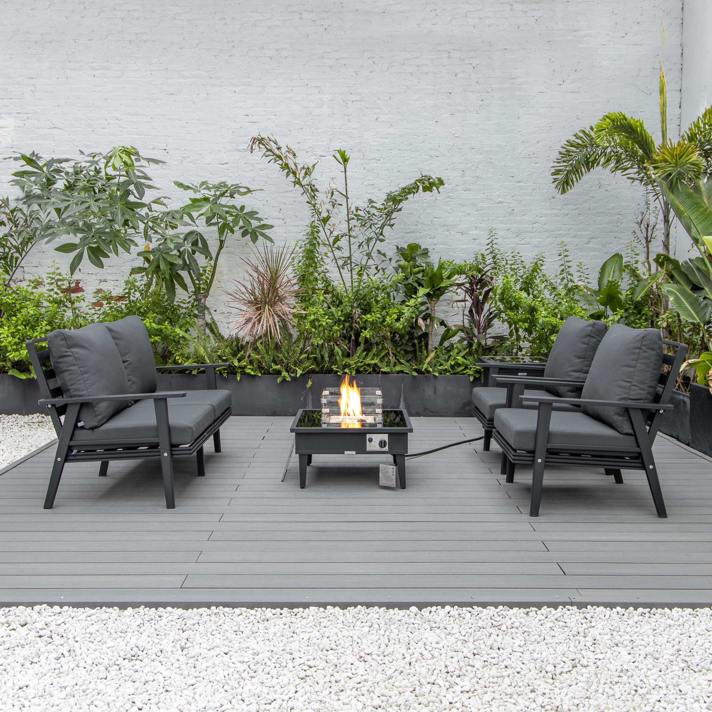 LeisureMod Walbrooke Modern Black Patio Conversation With Square Fire Pit & Tank Holder - Image 2