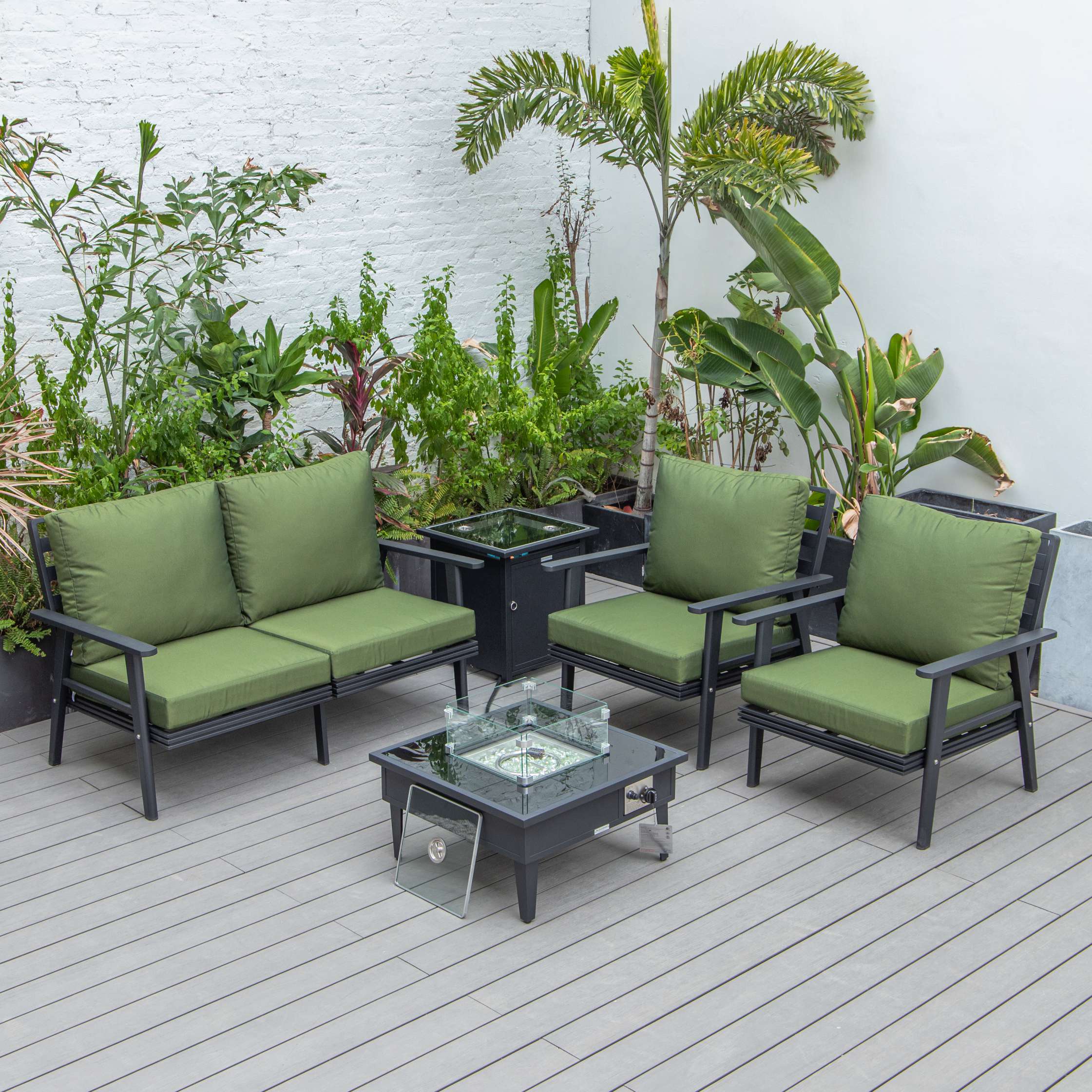 LeisureMod Walbrooke Modern Black Patio Conversation With Square Fire Pit & Tank Holder - Image 26