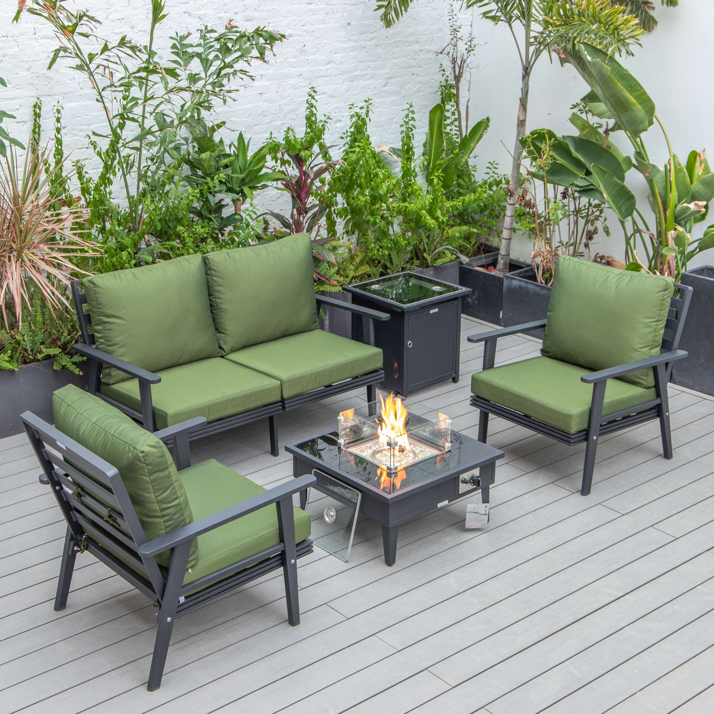LeisureMod Walbrooke Modern Black Patio Conversation With Square Fire Pit & Tank Holder - Image 27