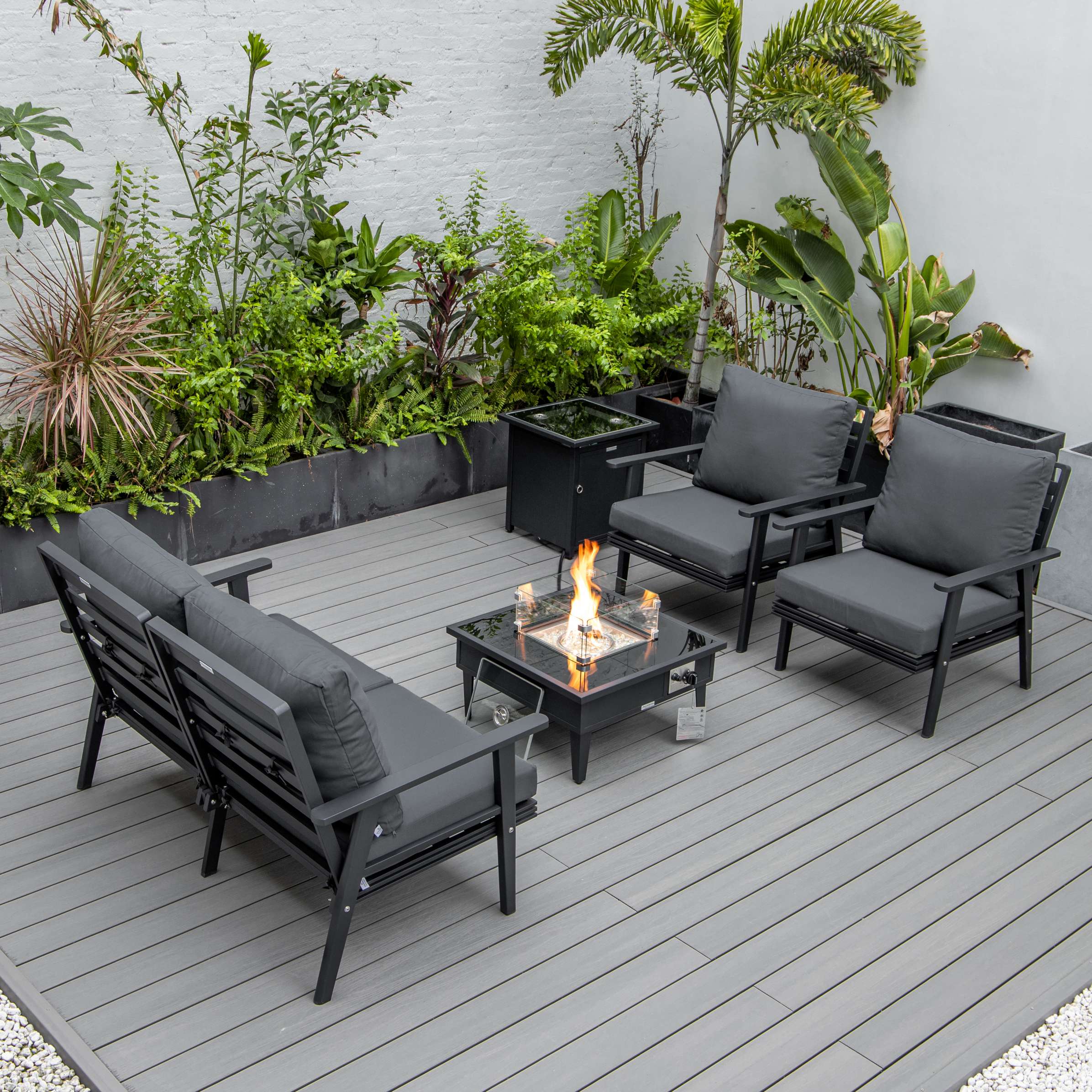 LeisureMod Walbrooke Modern Black Patio Conversation With Square Fire Pit & Tank Holder - Image 3