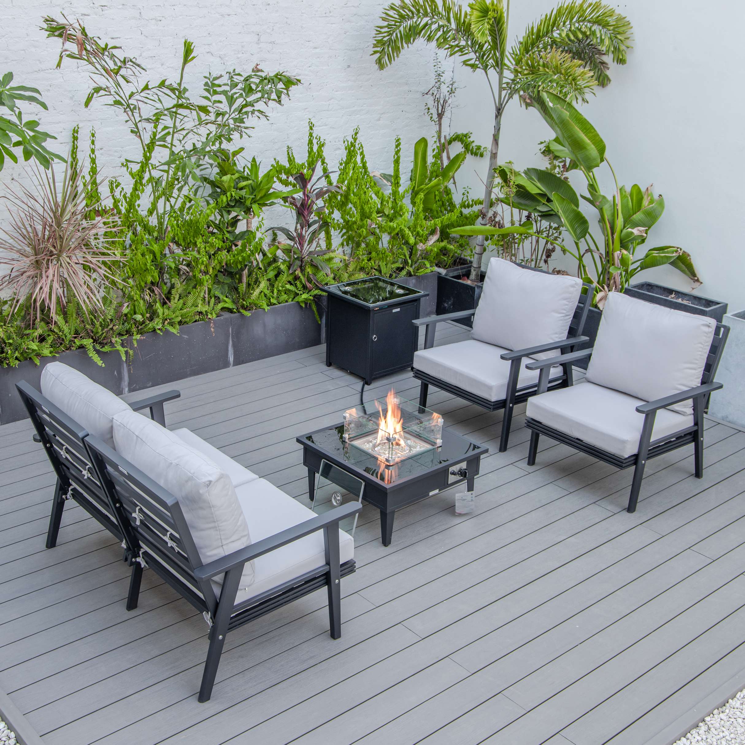 LeisureMod Walbrooke Modern Black Patio Conversation With Square Fire Pit & Tank Holder - Image 36