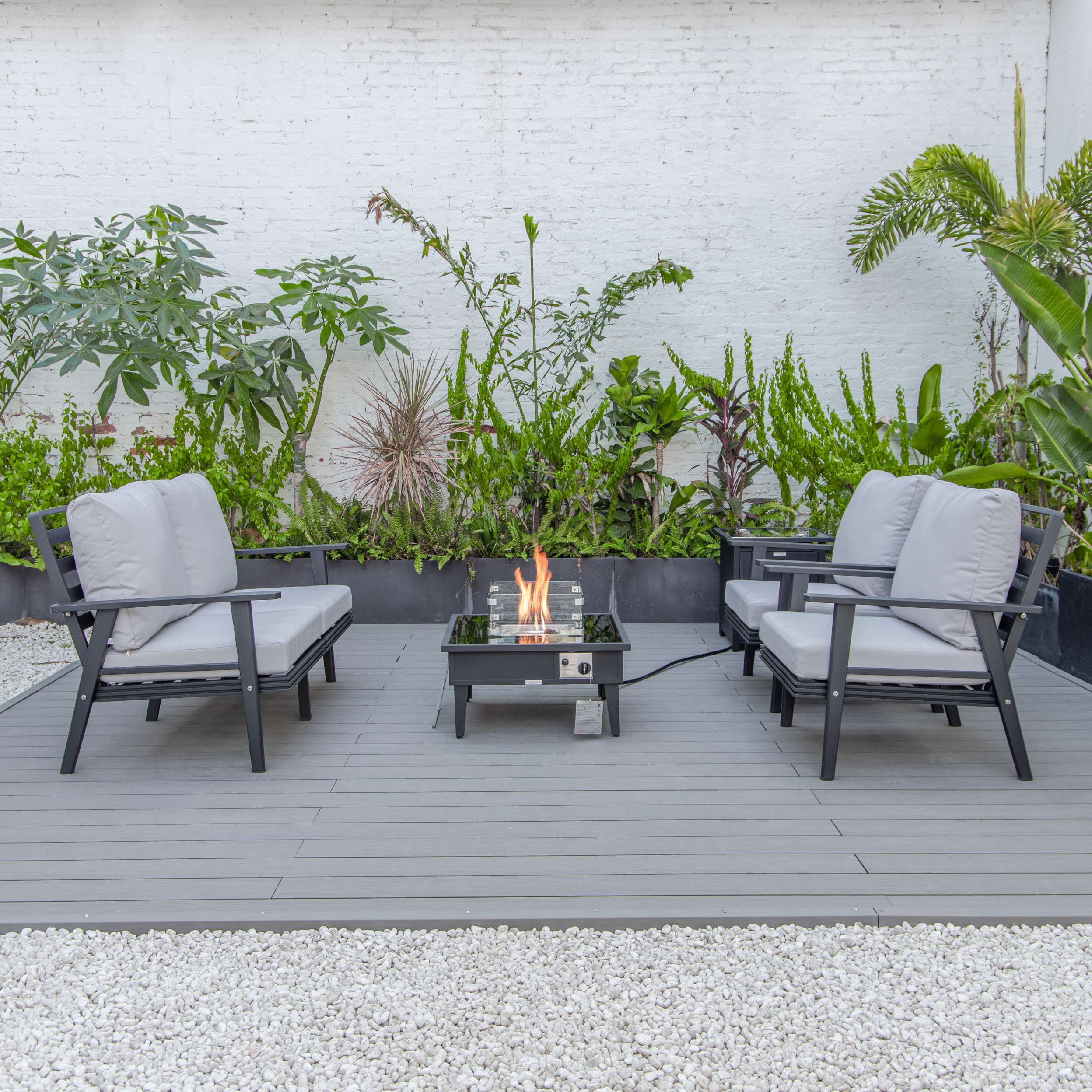 LeisureMod Walbrooke Modern Black Patio Conversation With Square Fire Pit & Tank Holder - Image 37