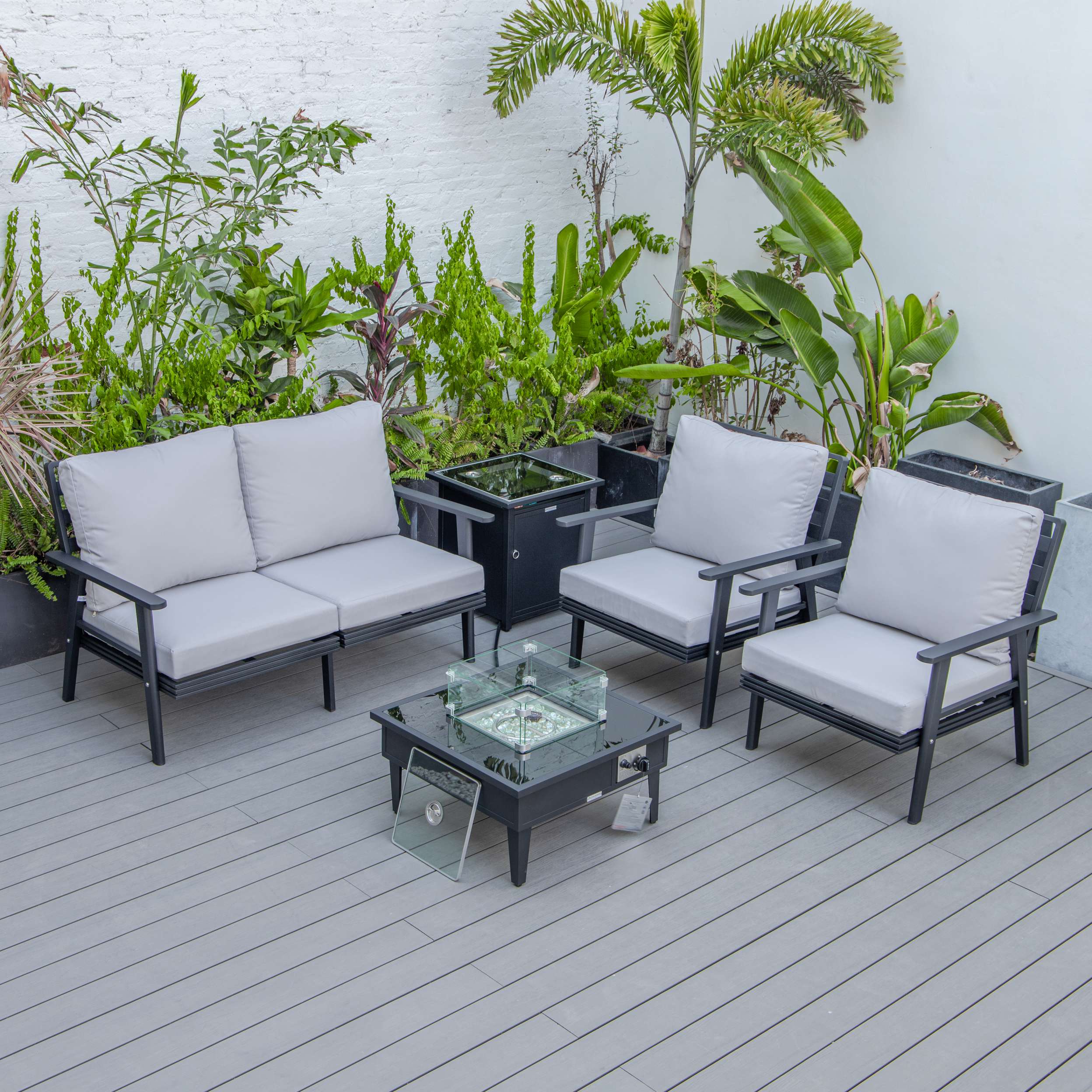 LeisureMod Walbrooke Modern Black Patio Conversation With Square Fire Pit & Tank Holder - Image 38