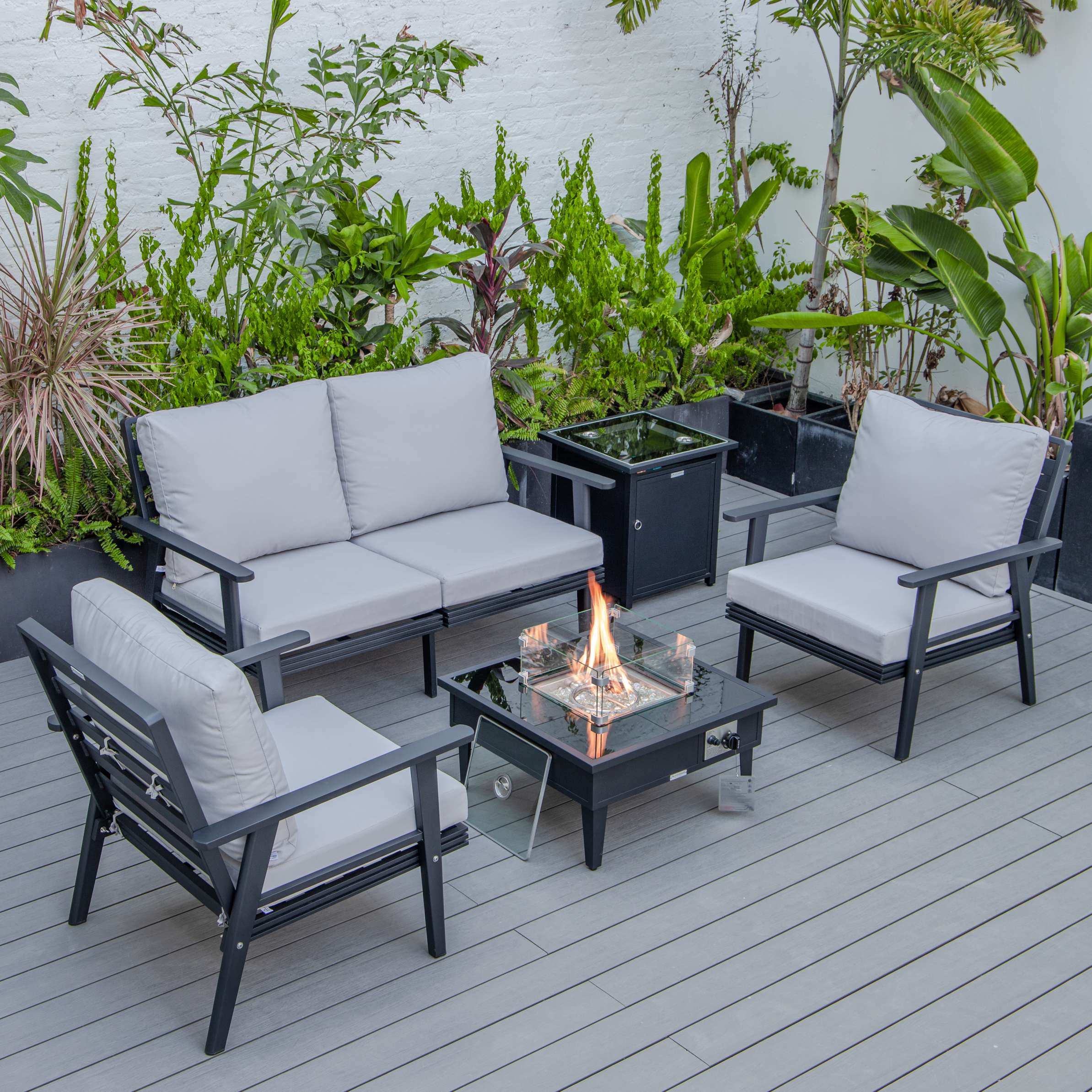 LeisureMod Walbrooke Modern Black Patio Conversation With Square Fire Pit & Tank Holder - Image 39