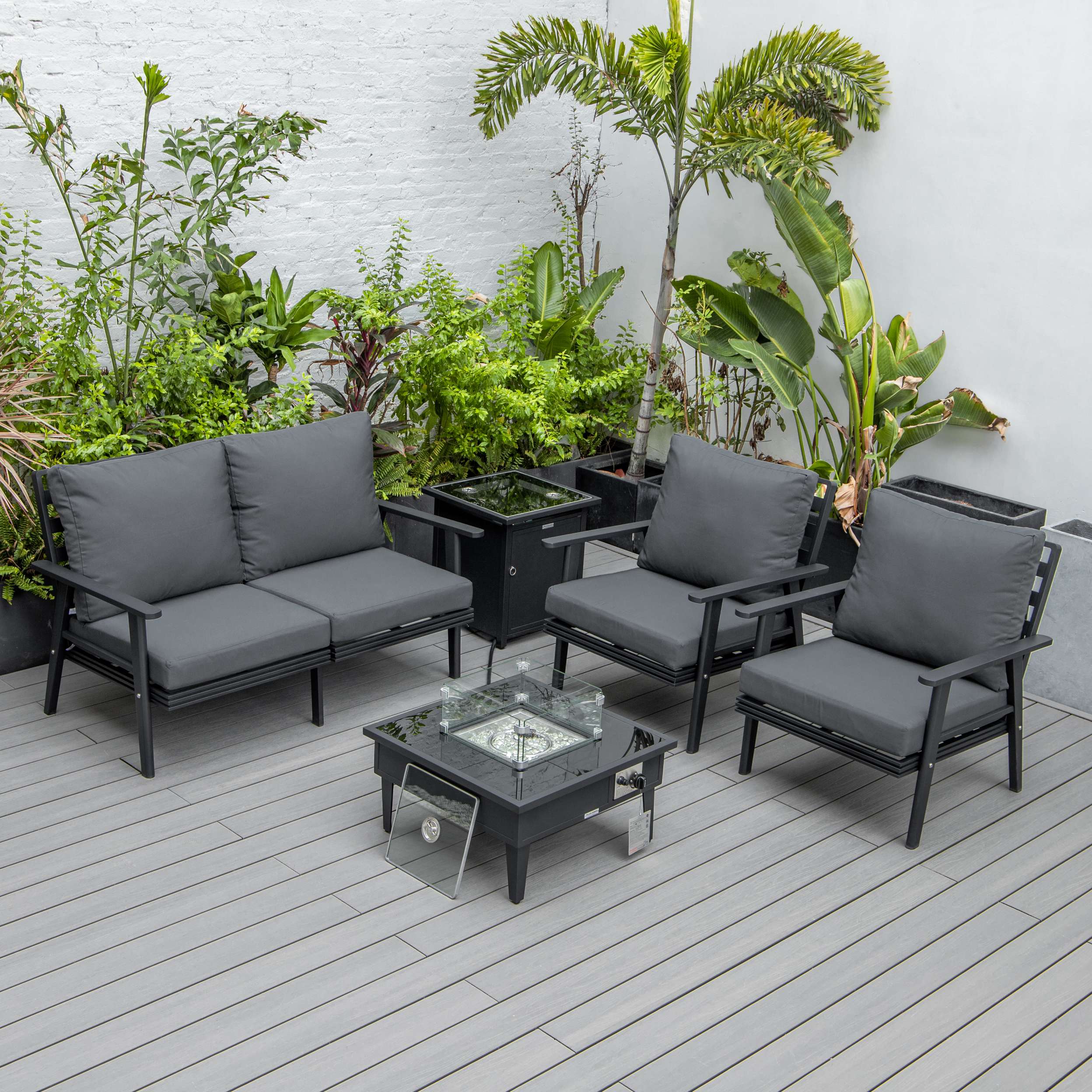 LeisureMod Walbrooke Modern Black Patio Conversation With Square Fire Pit & Tank Holder - Image 4