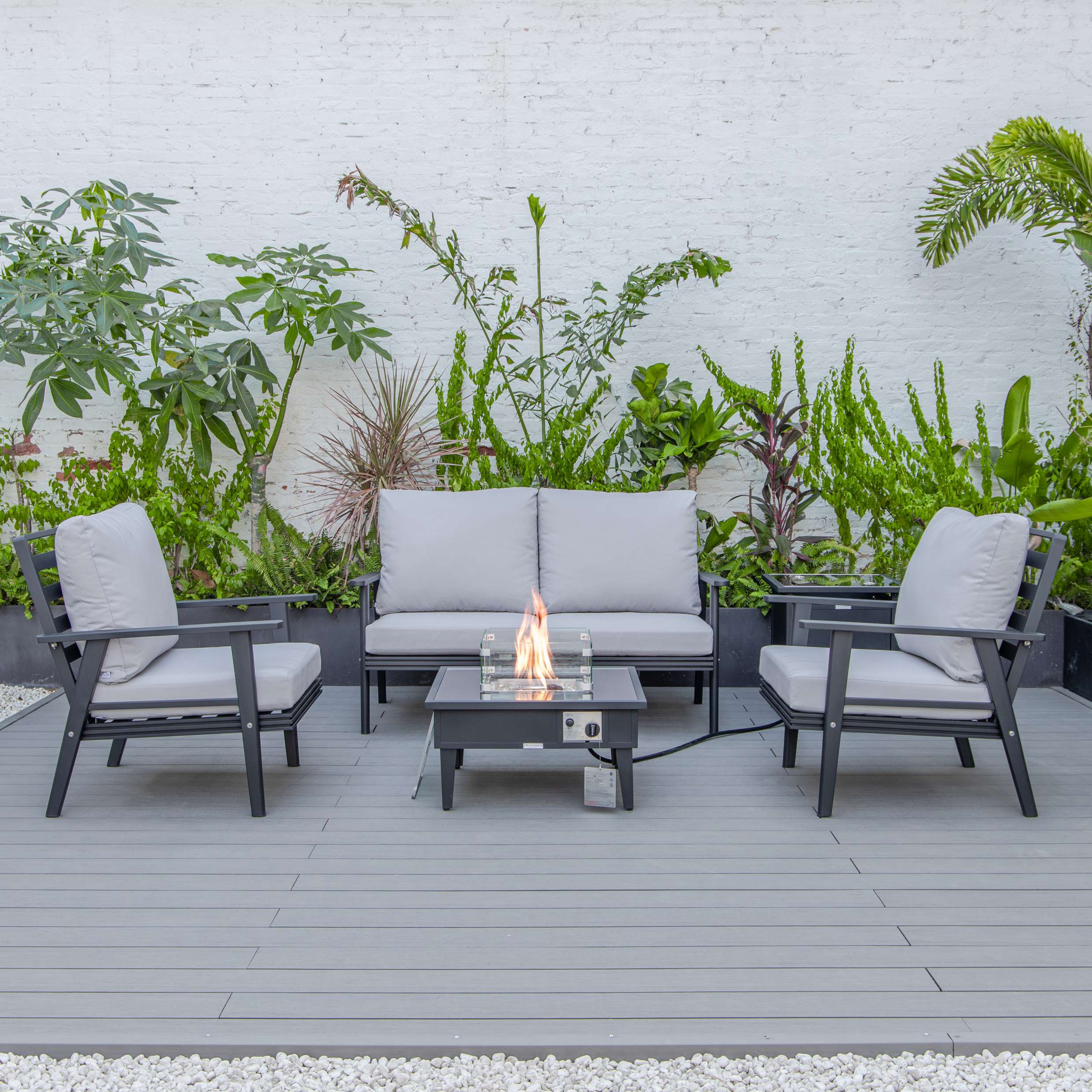 LeisureMod Walbrooke Modern Black Patio Conversation With Square Fire Pit & Tank Holder - Image 40