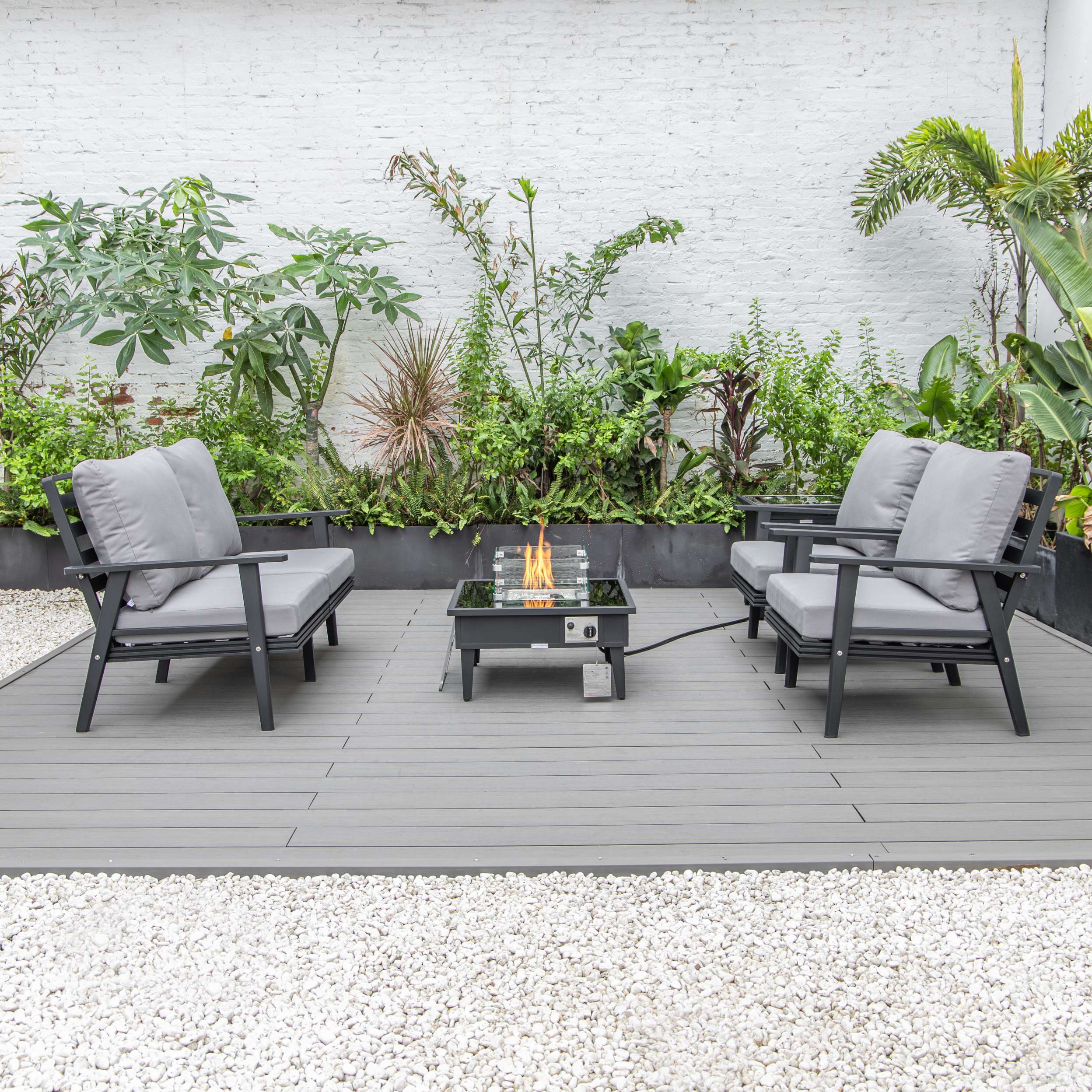 LeisureMod Walbrooke Modern Black Patio Conversation With Square Fire Pit & Tank Holder - Image 47