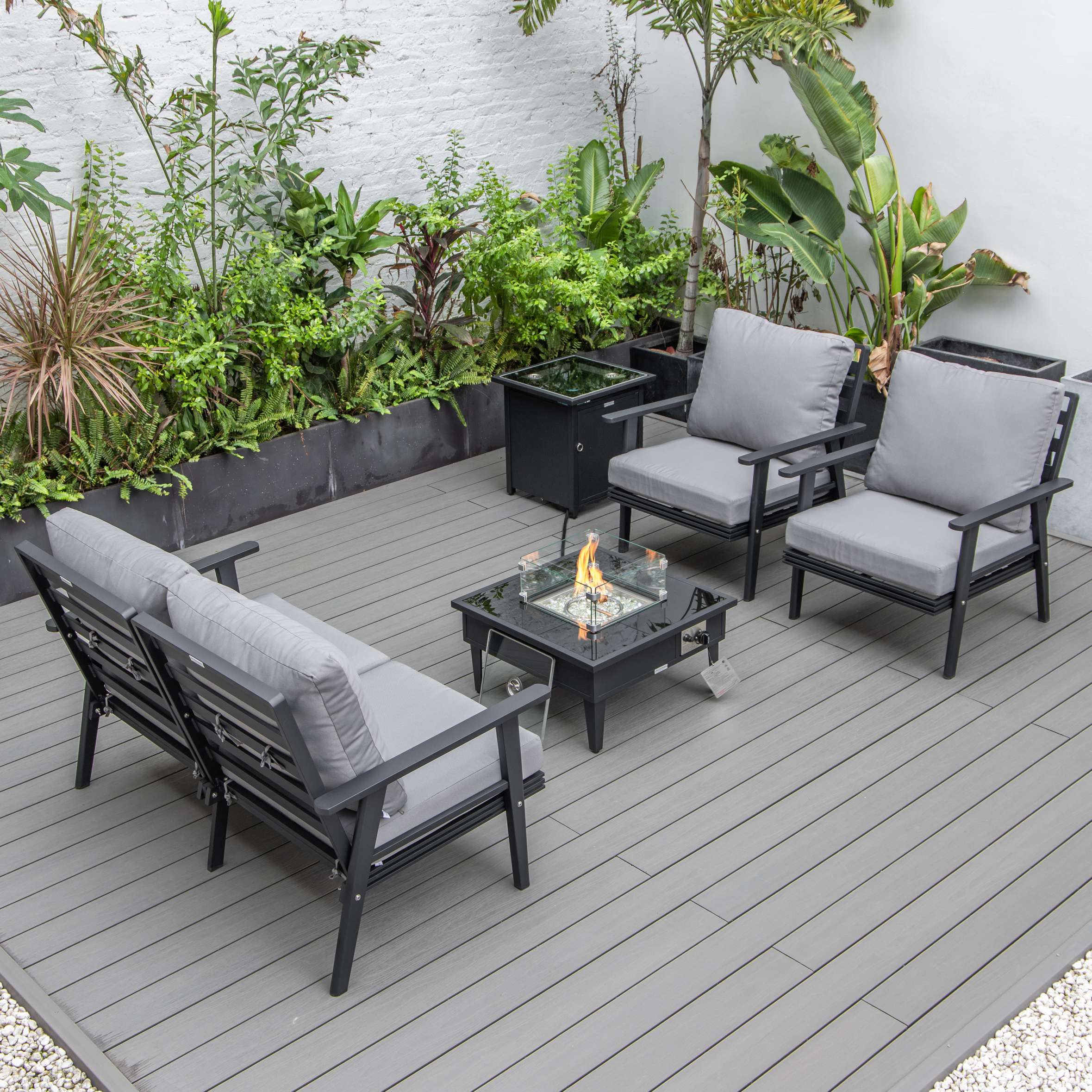LeisureMod Walbrooke Modern Black Patio Conversation With Square Fire Pit & Tank Holder - Image 48