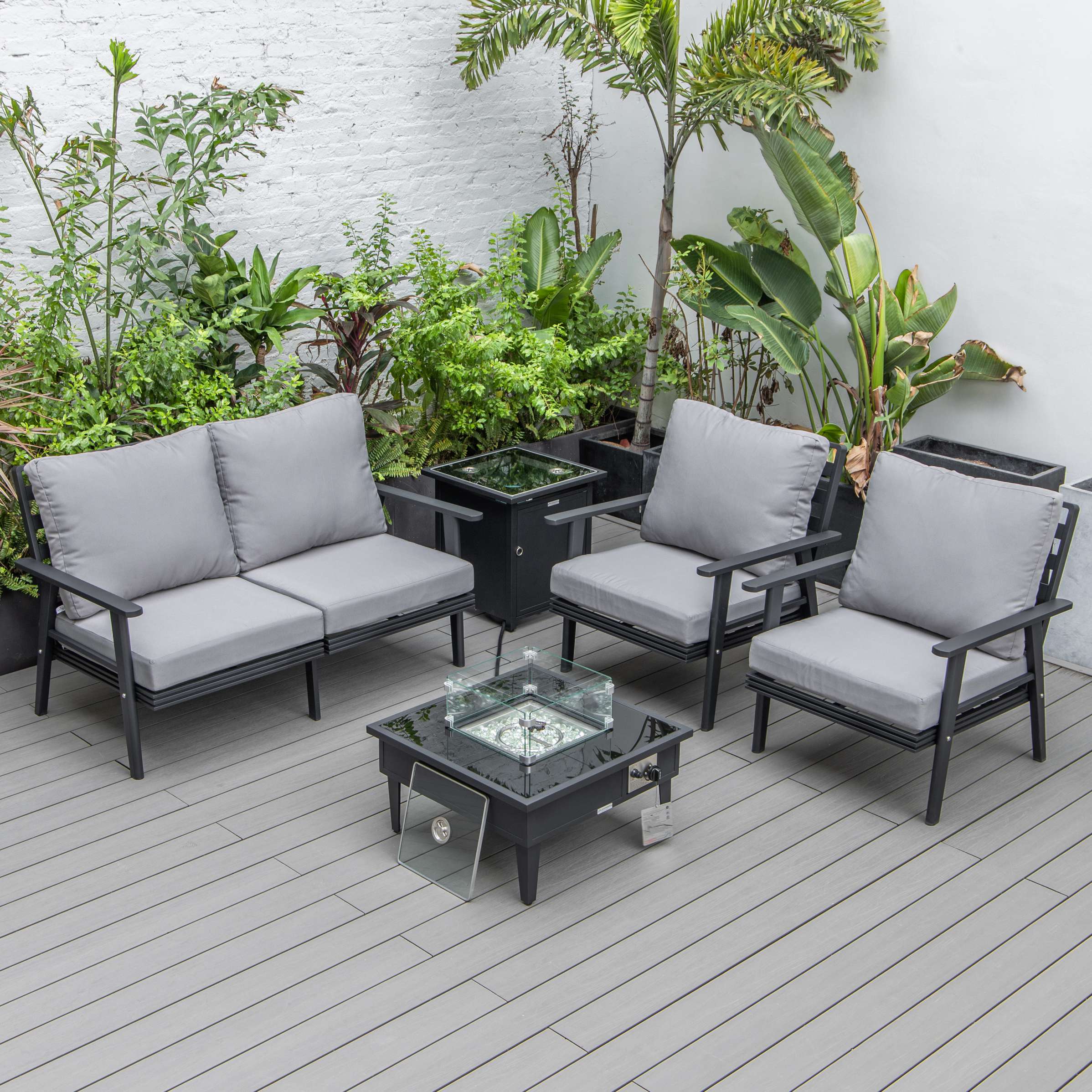 LeisureMod Walbrooke Modern Black Patio Conversation With Square Fire Pit & Tank Holder - Image 49