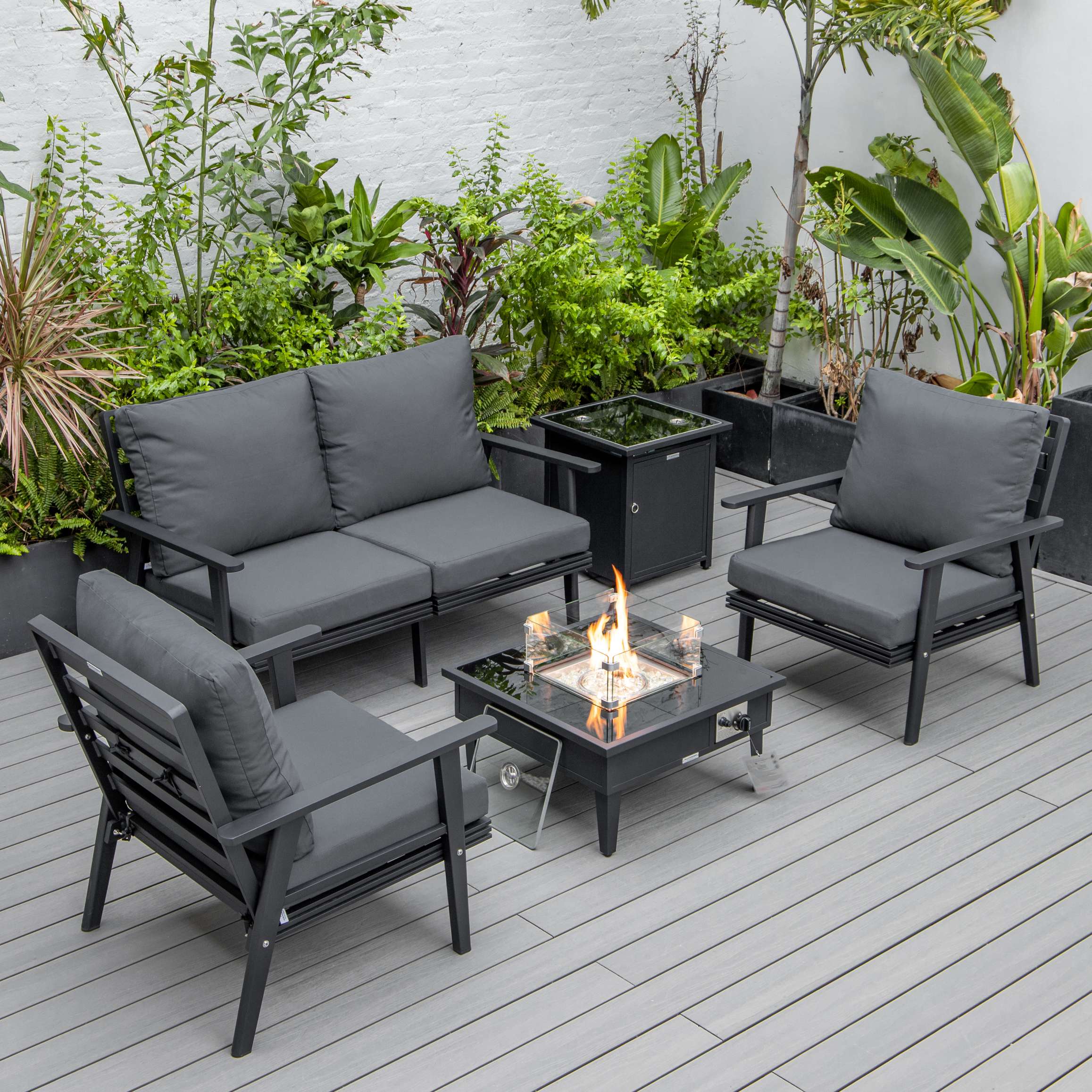 LeisureMod Walbrooke Modern Black Patio Conversation With Square Fire Pit & Tank Holder - Image 5