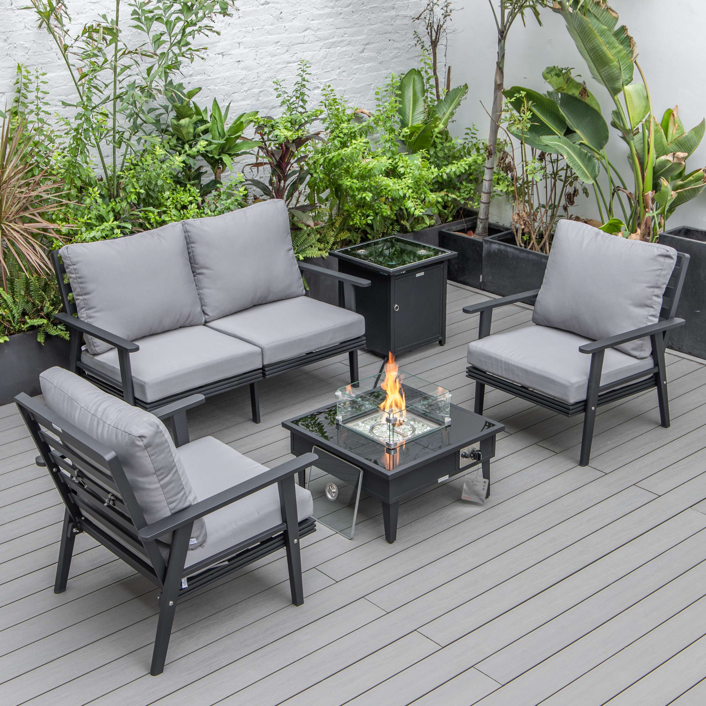 LeisureMod Walbrooke Modern Black Patio Conversation With Square Fire Pit & Tank Holder - Image 50