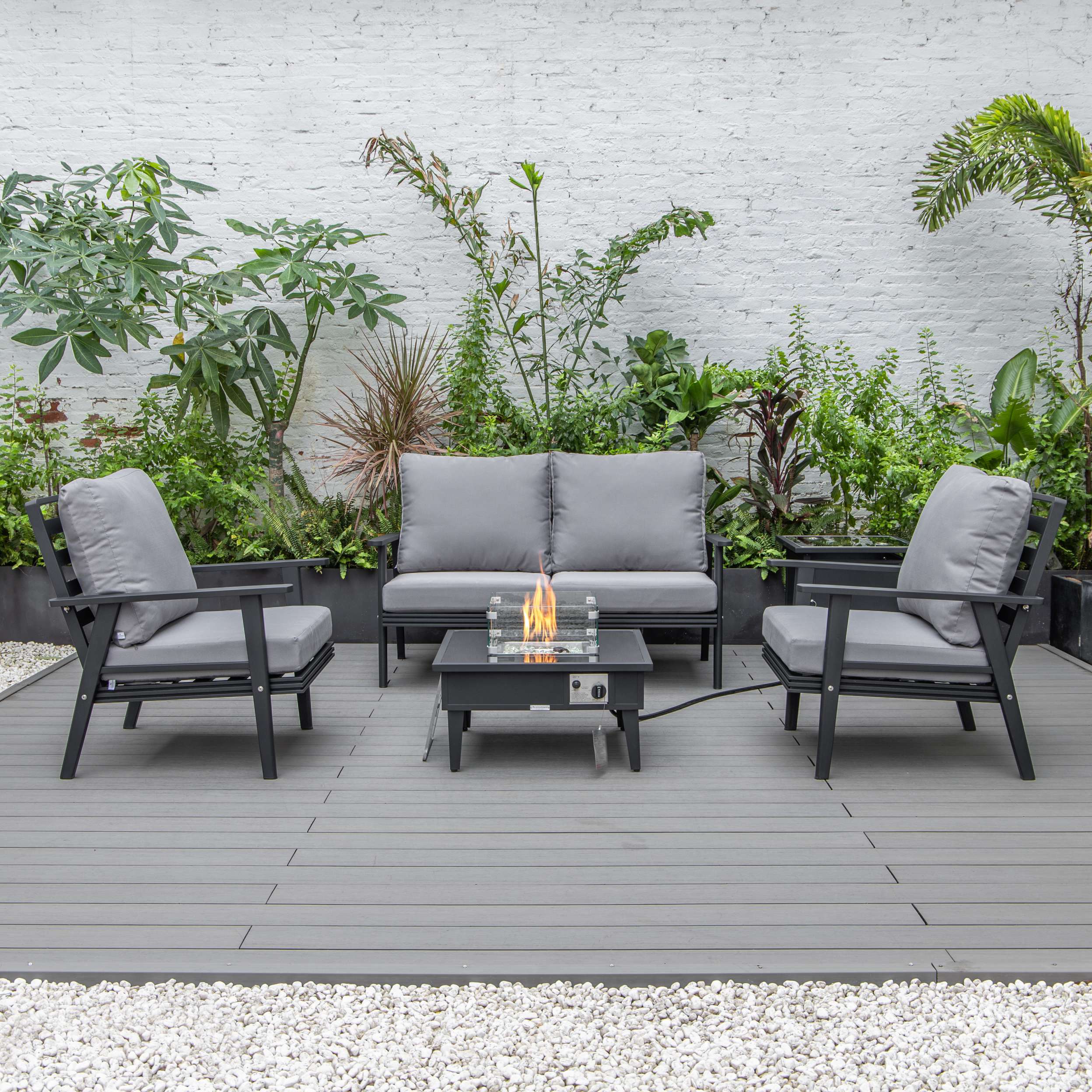 LeisureMod Walbrooke Modern Black Patio Conversation With Square Fire Pit & Tank Holder - Image 51